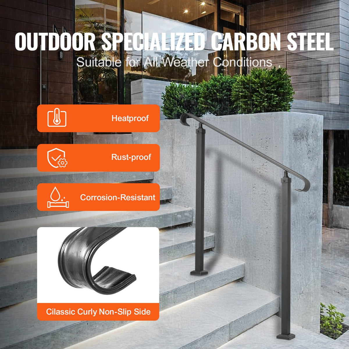 Wrought Iron Handrail Stair Railing Adjustable Fit 1-3 Steps