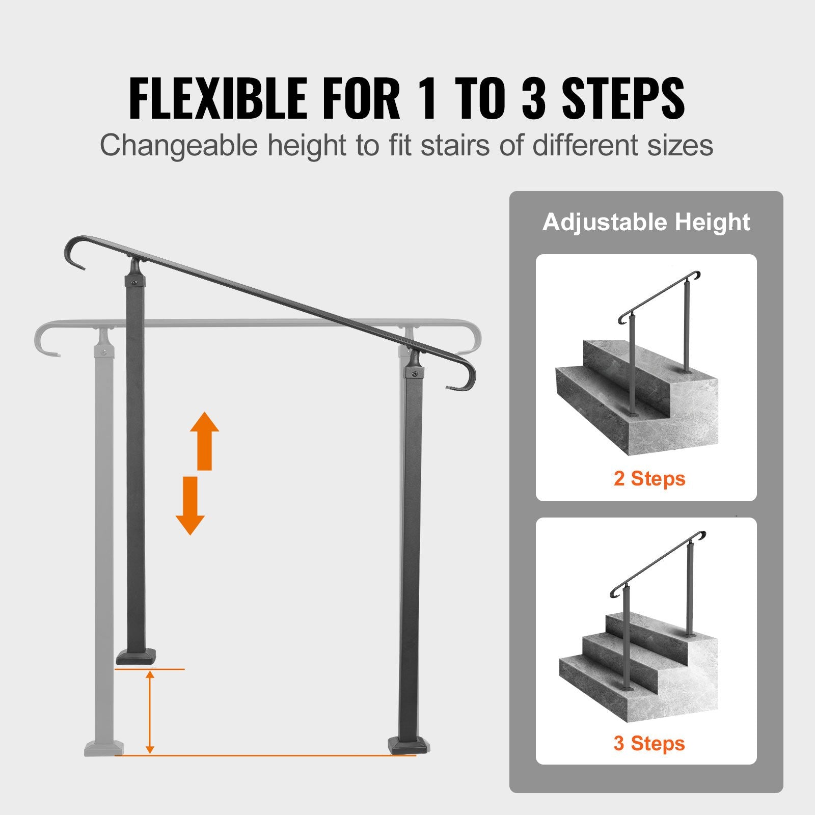 Wrought Iron Handrail Stair Railing Adjustable Fit 1-3 Steps