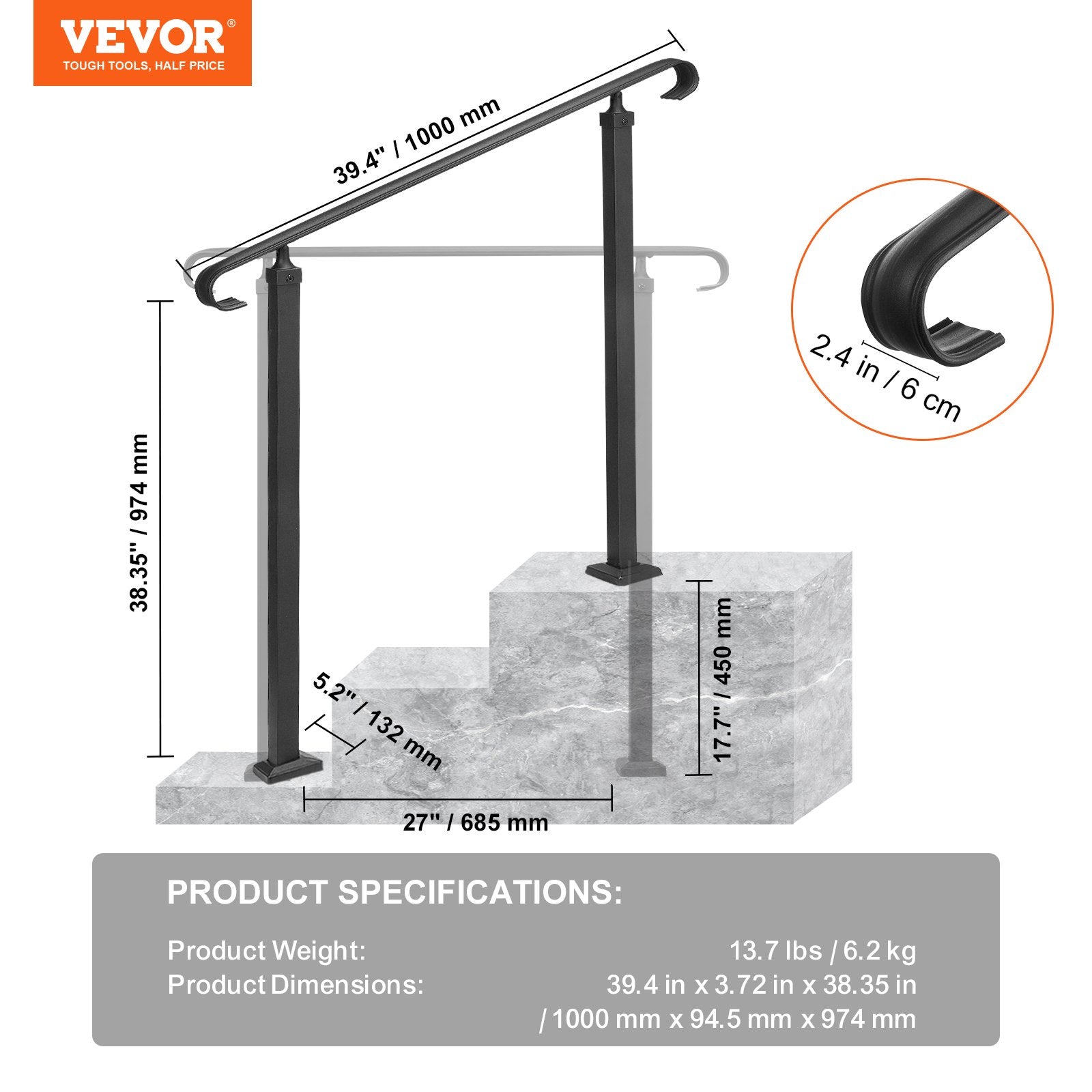 Wrought Iron Handrail Stair Railing Adjustable Fit 1-3 Steps