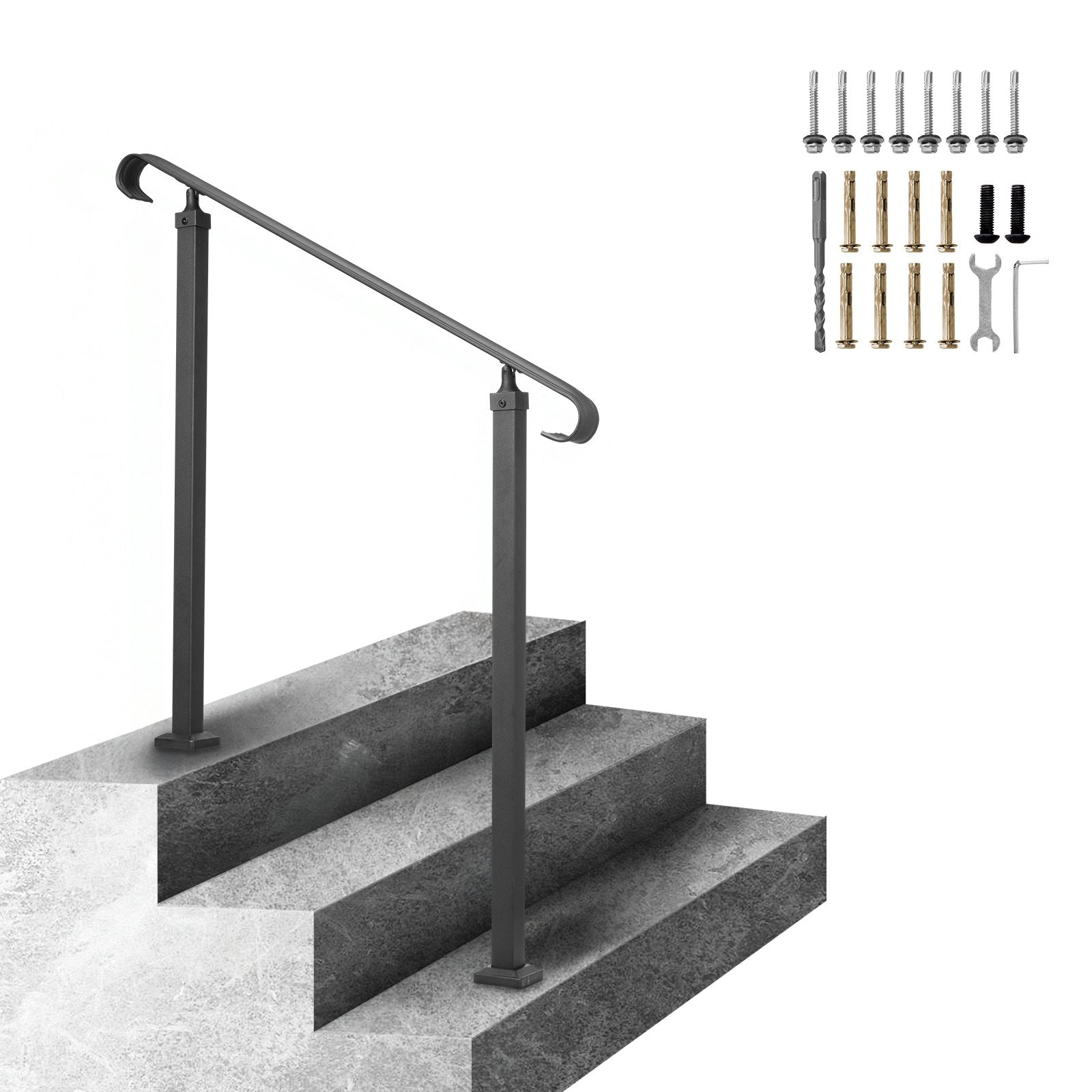 Wrought Iron Handrail Stair Railing Adjustable Fit 1-3 Steps