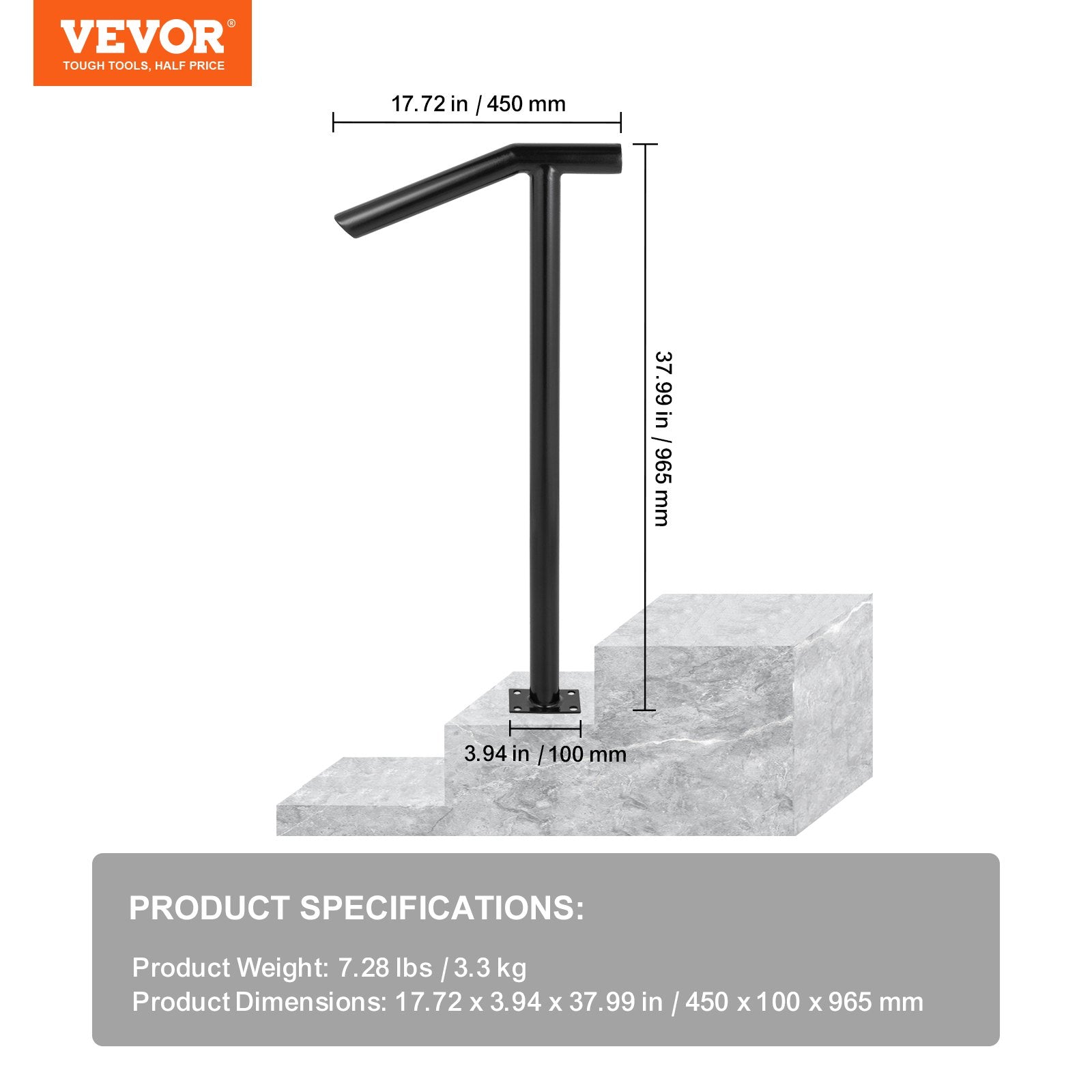 Single Post 1-2 Step Handrail Railing Steel 200kg Capacity with Expansion Bolts