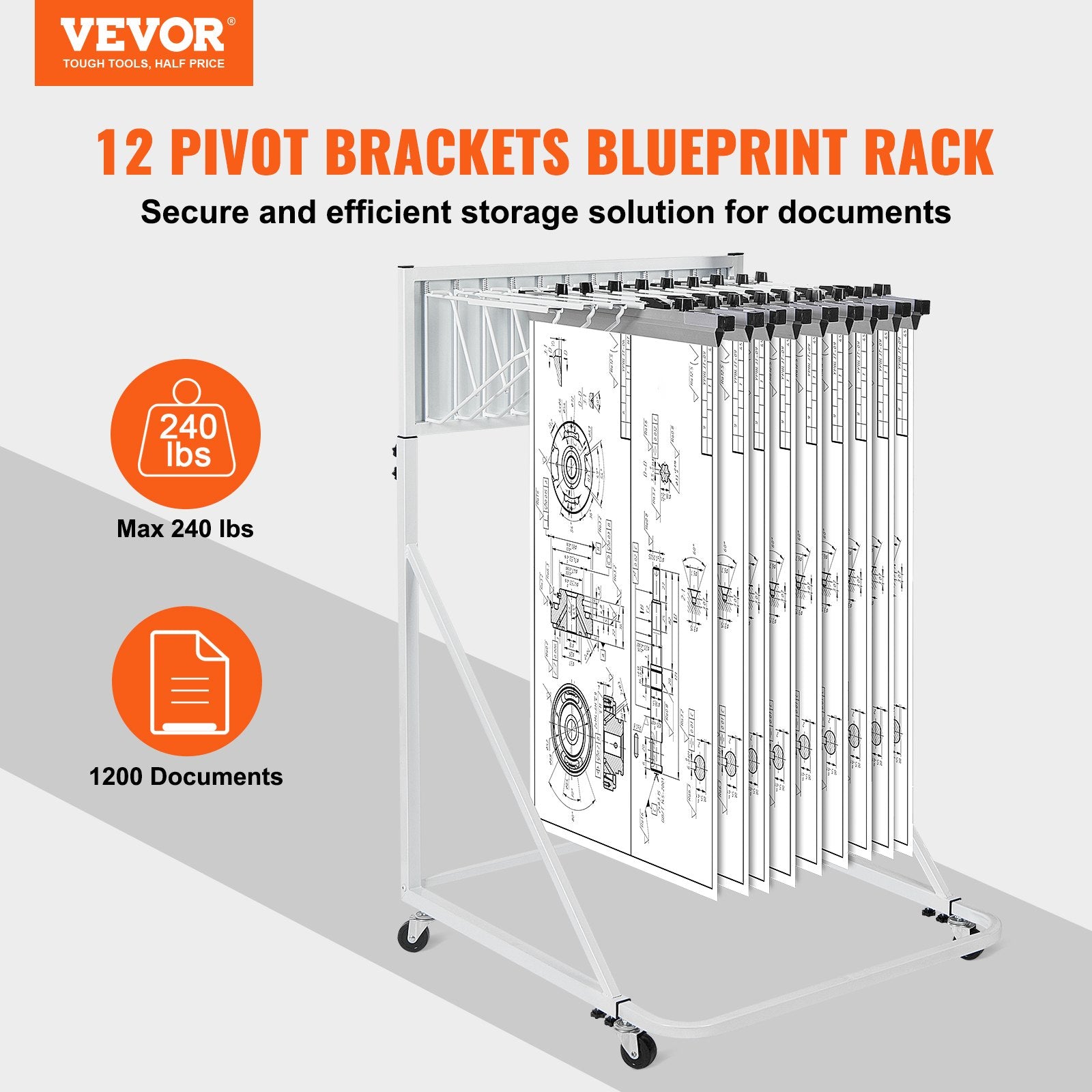 Blueprint Storage Rack Mobile 12 Pivot Brackets Adjustable Height Length