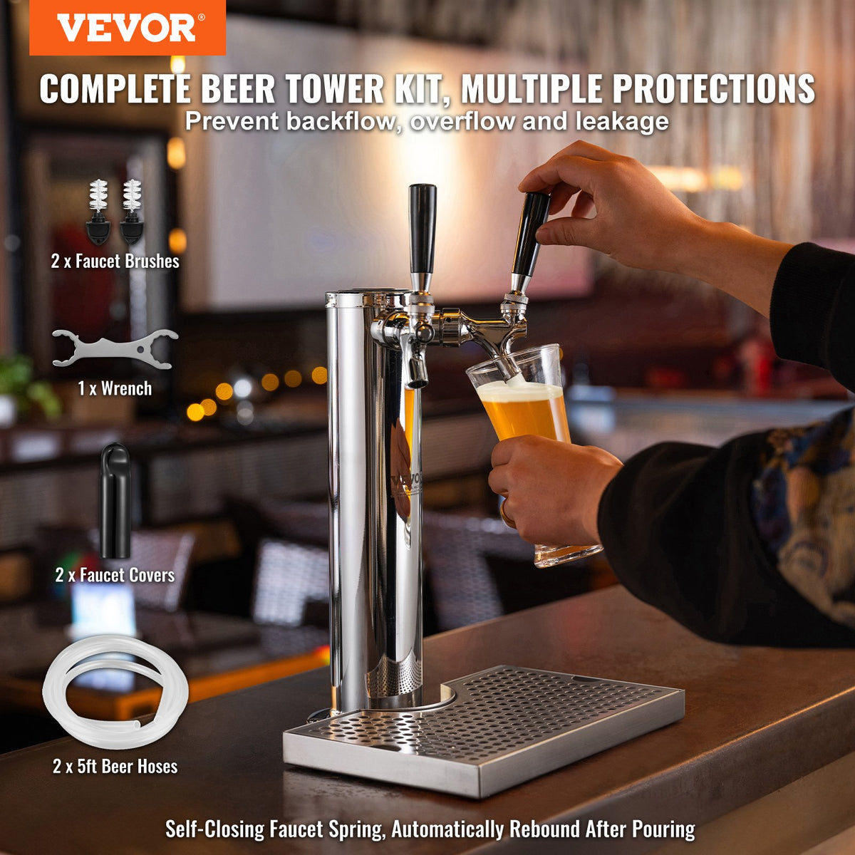 Dual Tap Draft Beer Tower Stainless Steel Kegerator Tower Kit with Faucets