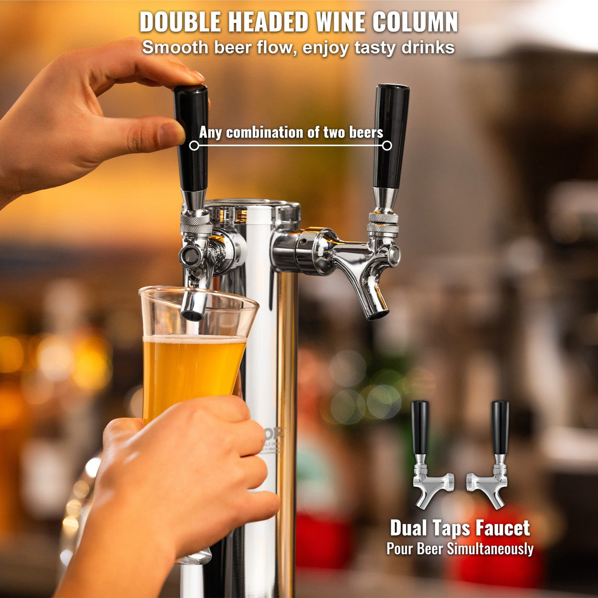 Dual Tap Draft Beer Tower Stainless Steel Kegerator Tower Kit with Faucets