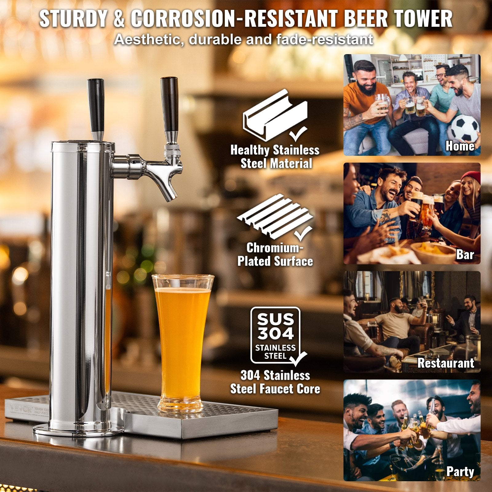 Dual Tap Draft Beer Tower Stainless Steel Kegerator Tower Kit with Faucets