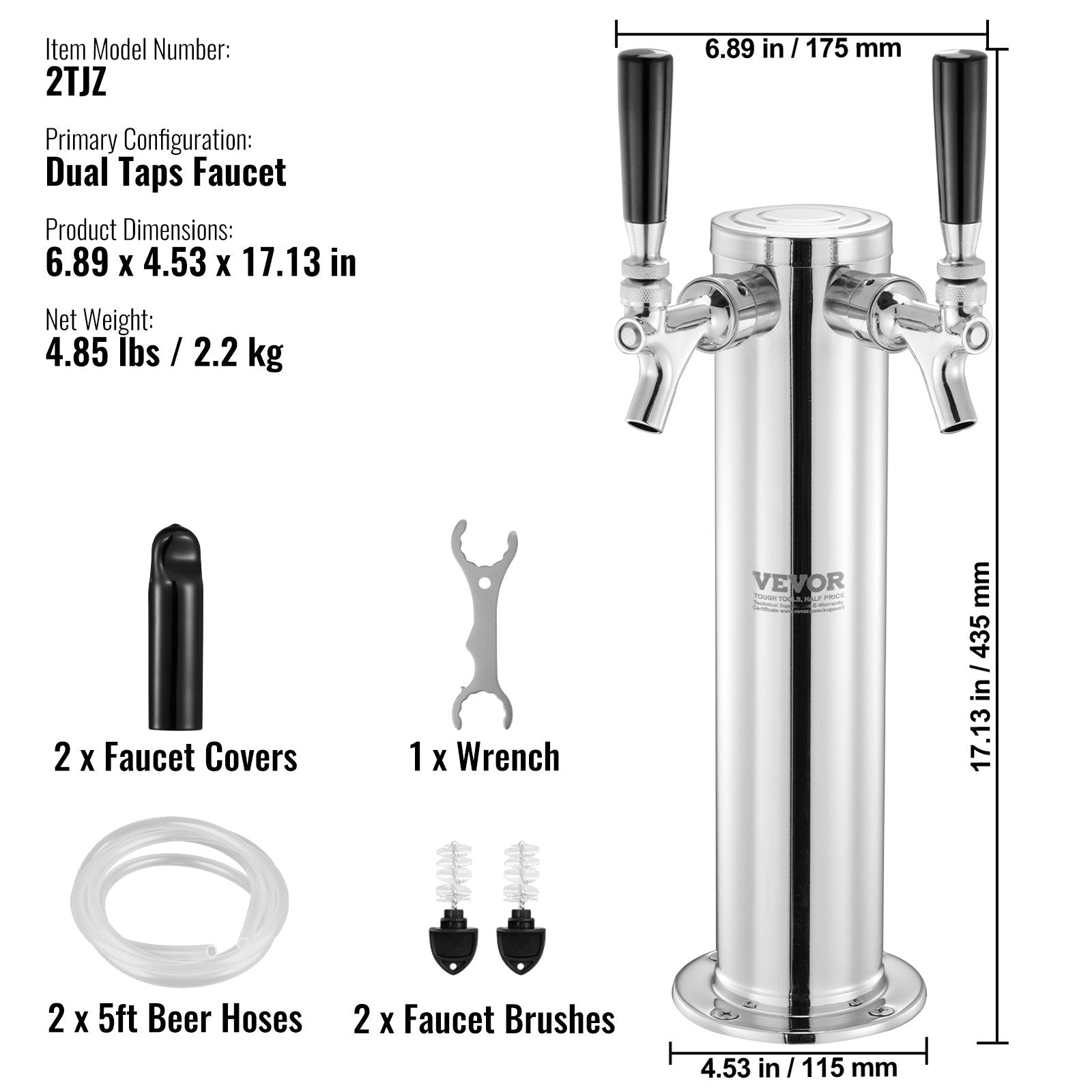 Dual Tap Draft Beer Tower Stainless Steel Kegerator Tower Kit with Faucets