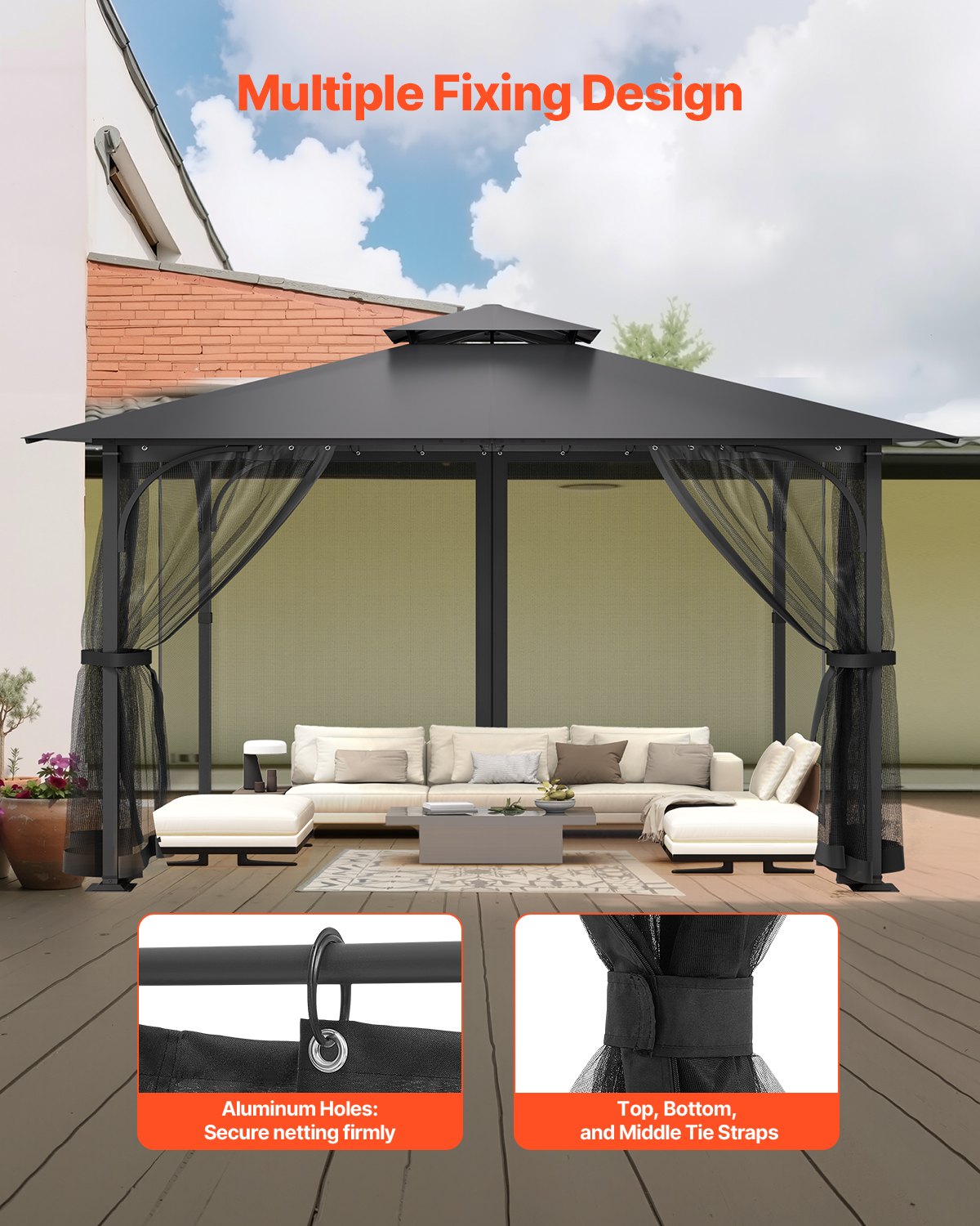 Gazebo Netting Replacement 12x12x7.5FT Outdoor 4-Panel Mesh Curtain Zipper