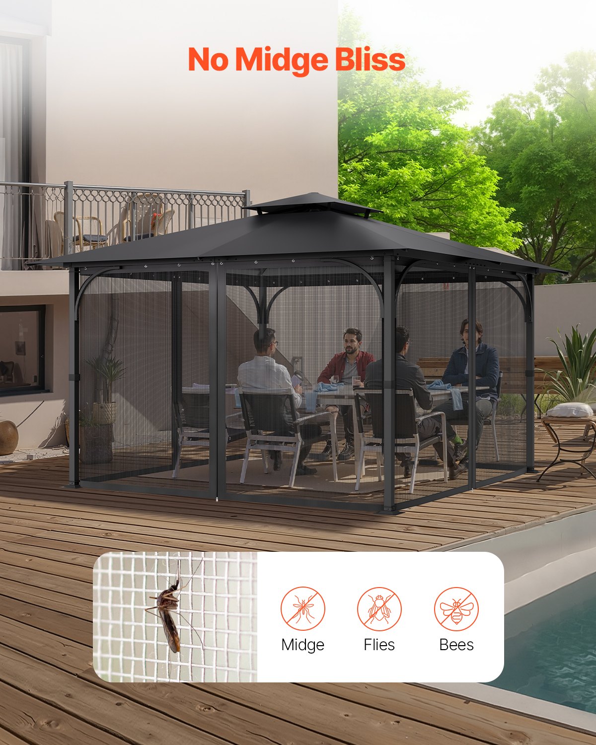 Gazebo Netting Replacement 12x12x7.5FT Outdoor 4-Panel Mesh Curtain Zipper