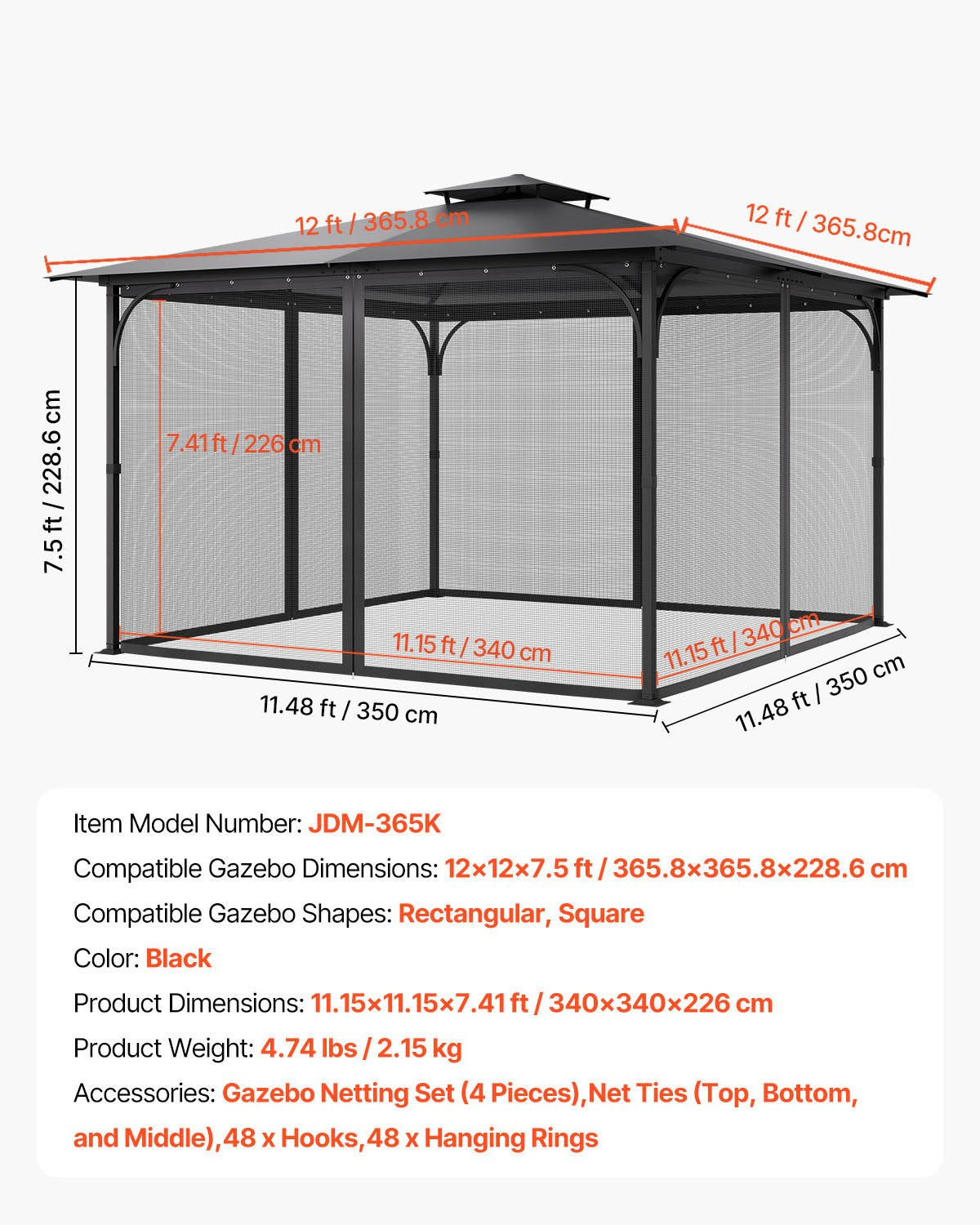 Gazebo Netting Replacement 12x12x7.5FT Outdoor 4-Panel Mesh Curtain Zipper