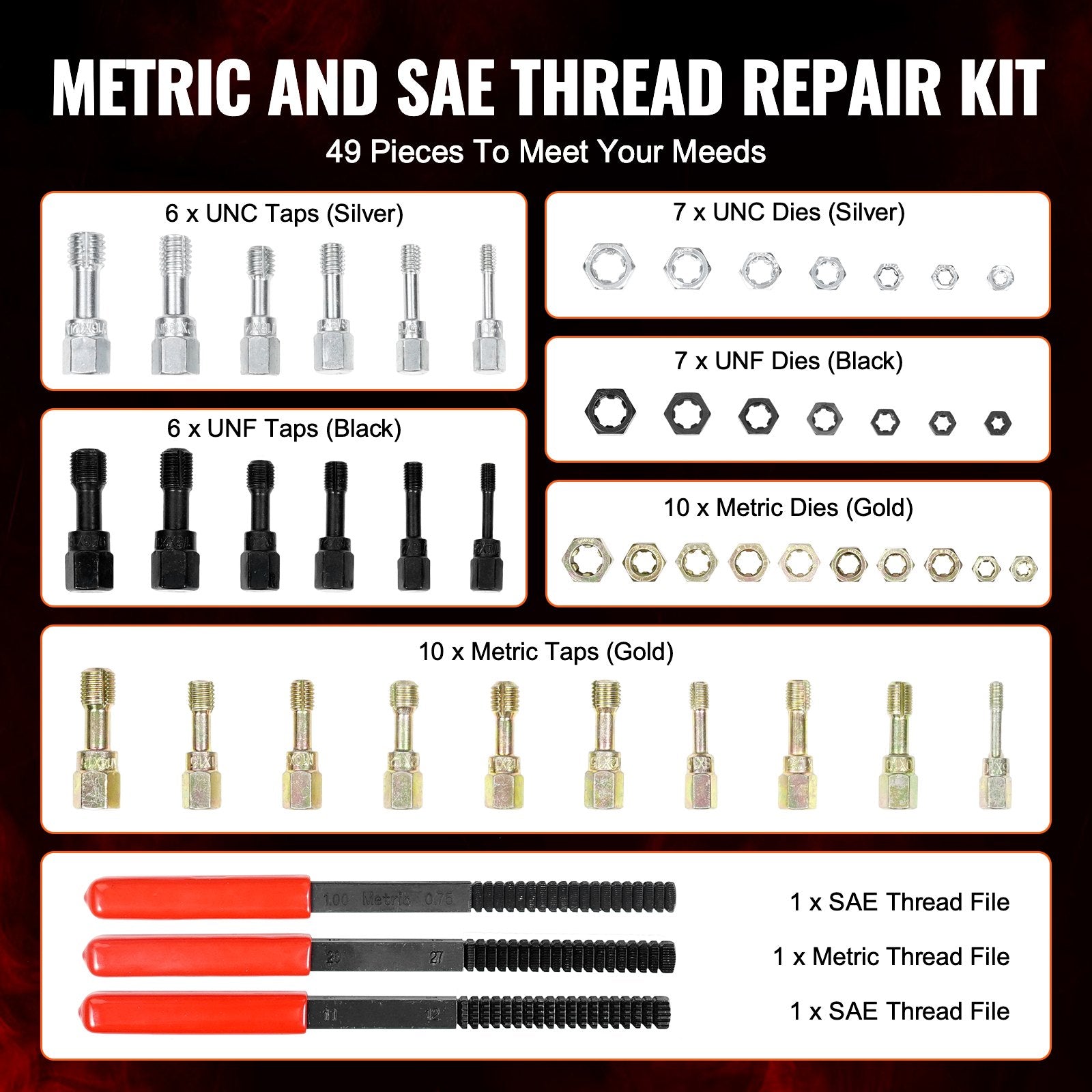 Thread Chaser Set 49-Piece UNC UNF Metric 22 Taps 24 Dies 3 Thread Files Case