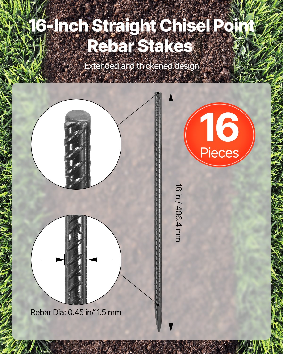 Rebar Stakes Galvanized Steel Ground Anchors Chisel Point 16-Pack 406.4mm