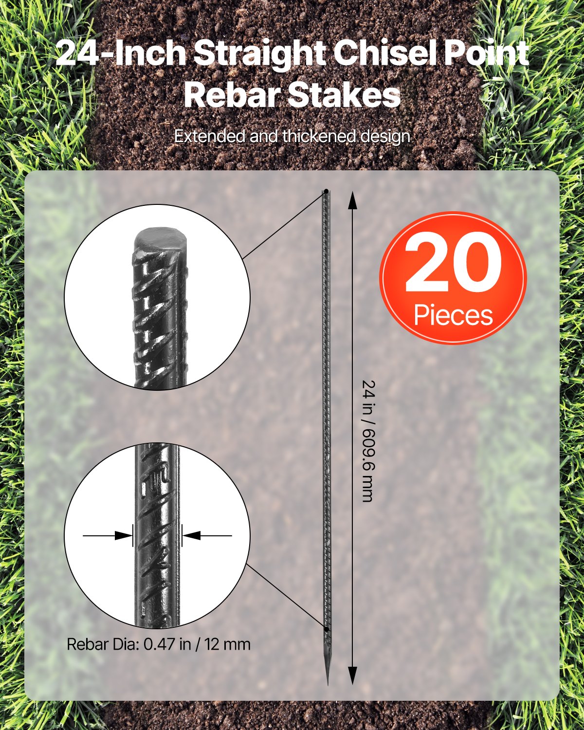 Rebar Stakes 609.6mm 12mm Galvanized Steel Chisel Point Rust-Resistant 20Pack