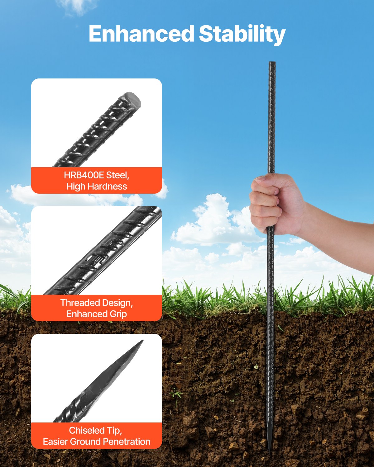 Rebar Stakes 609.6mm 12mm Galvanized Steel Chisel Point Rust-Resistant 20Pack