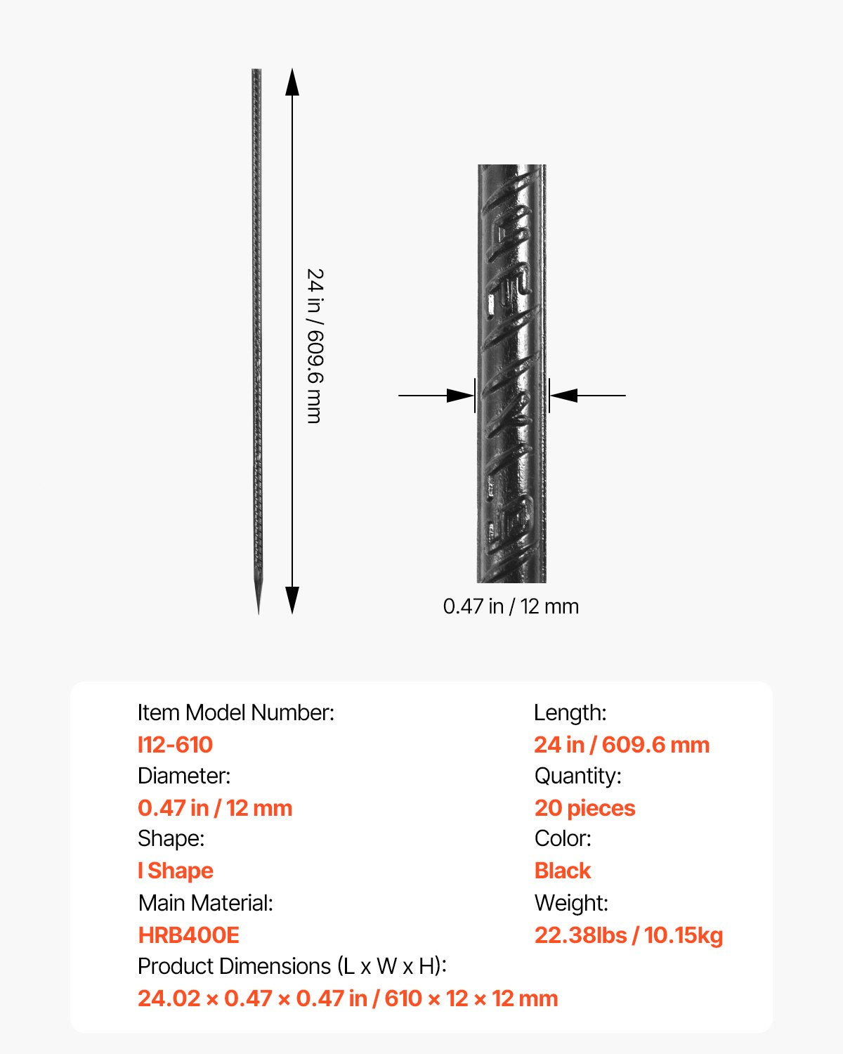 Rebar Stakes 609.6mm 12mm Galvanized Steel Chisel Point Rust-Resistant 20Pack