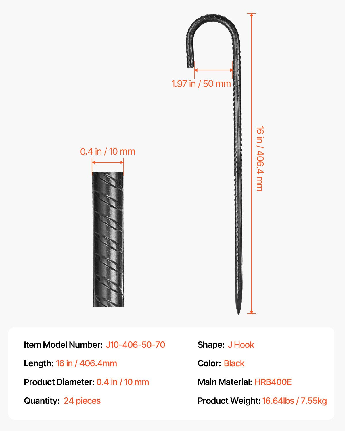 Rebar Stakes Galvanized Steel J Hook Ground Anchors 24-Pack 406.4mm