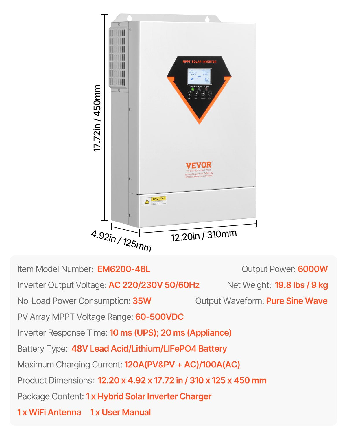 Hybrid Solar Inverter 6000W Pure Sine Wave with 120A MPPT Charger Controller