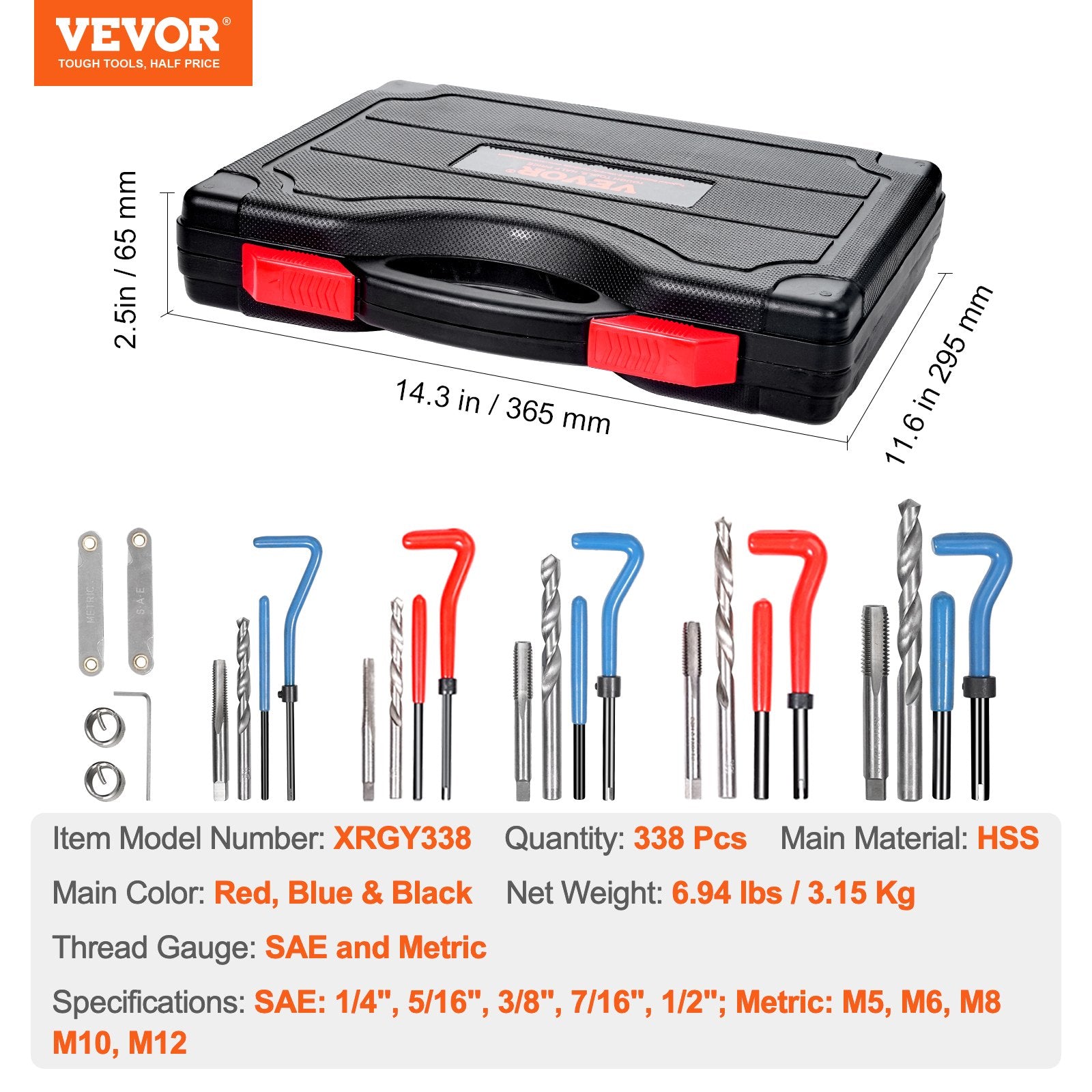 Helicoil Thread Repair Kit, 338-Piece SAE & Metric with Drill Bits, Insert, Taps