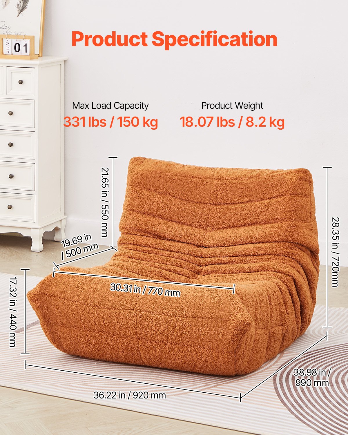 Bean Bag Chair L-Shaped Memory Foam with Soft Armrests & Storage Pocket Brown