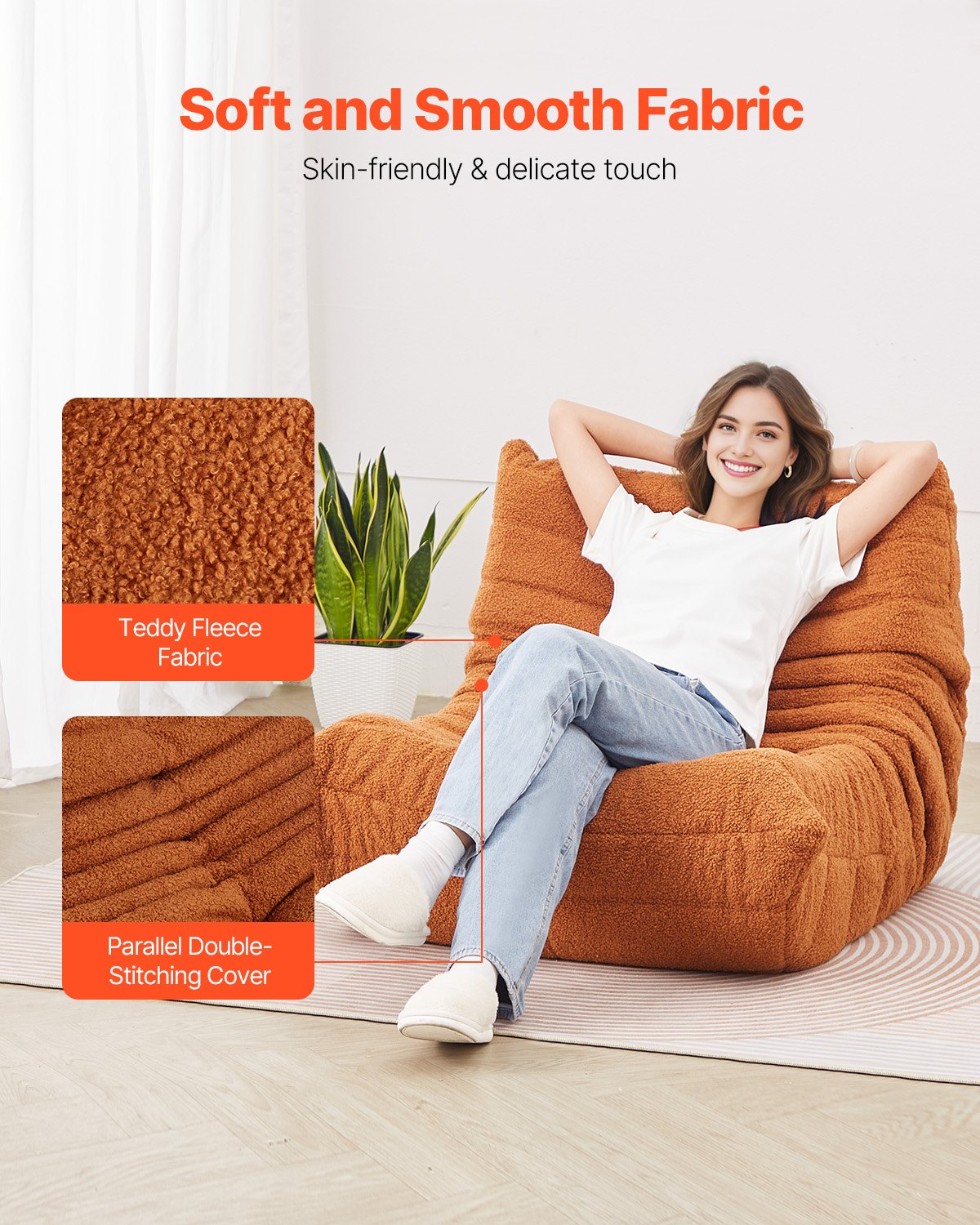 Bean Bag Chair L-Shaped Memory Foam with Soft Armrests & Storage Pocket Brown
