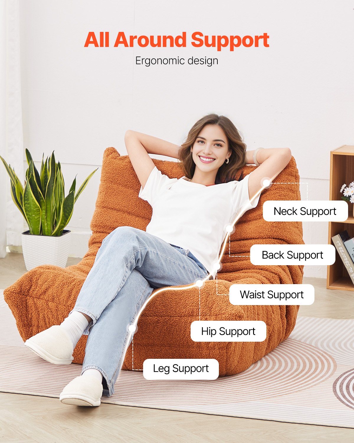 Bean Bag Chair L-Shaped Memory Foam with Soft Armrests & Storage Pocket Brown