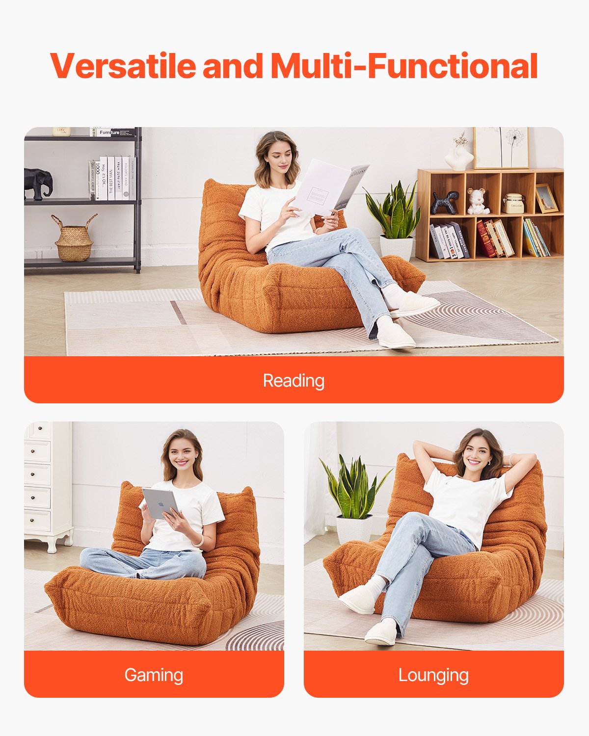 Bean Bag Chair L-Shaped Memory Foam with Soft Armrests & Storage Pocket Brown