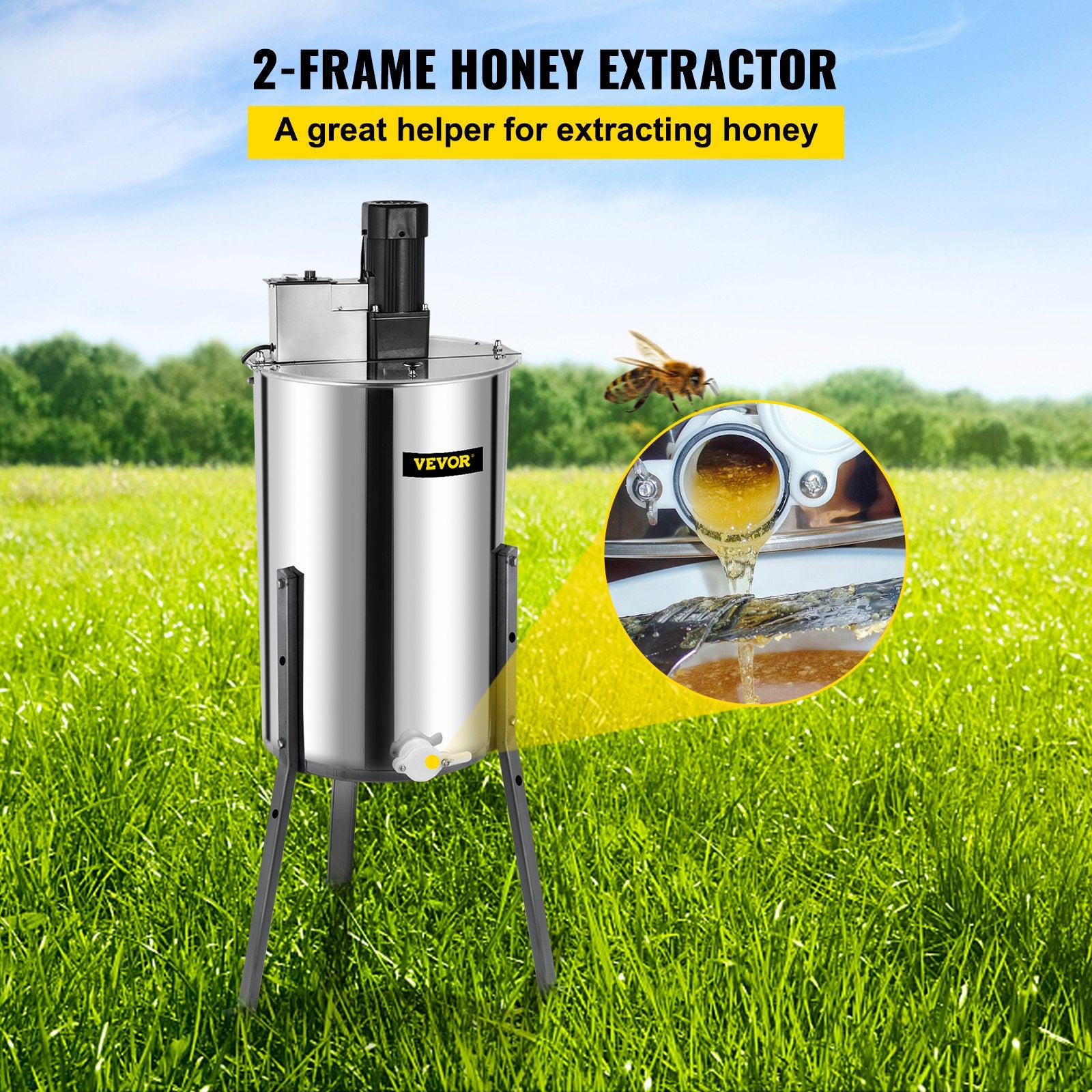 Electric Honey Extractor, 2 Frame Stainless Steel Bee Honeycomb Spinner Crank