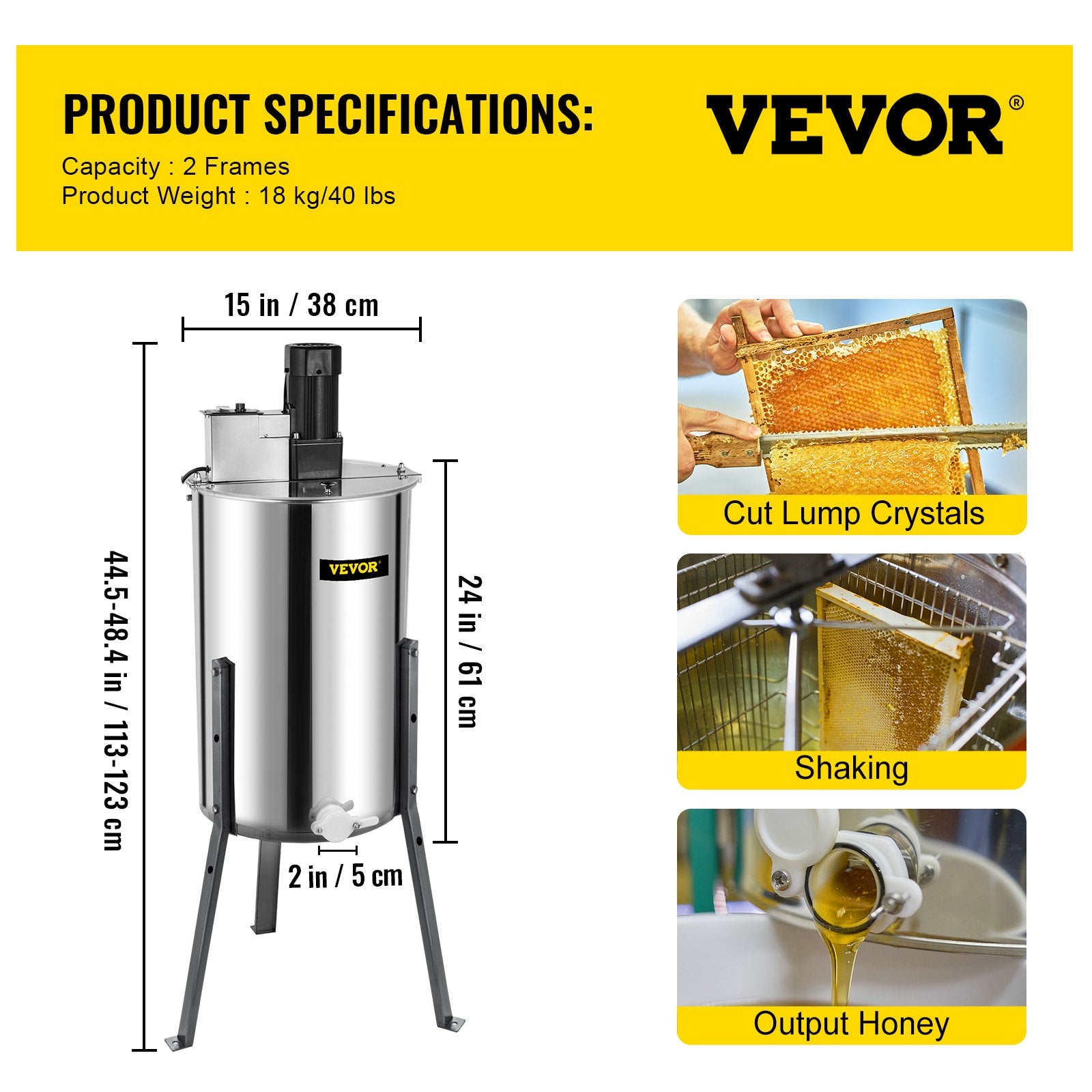 Electric Honey Extractor, 2 Frame Stainless Steel Bee Honeycomb Spinner Crank