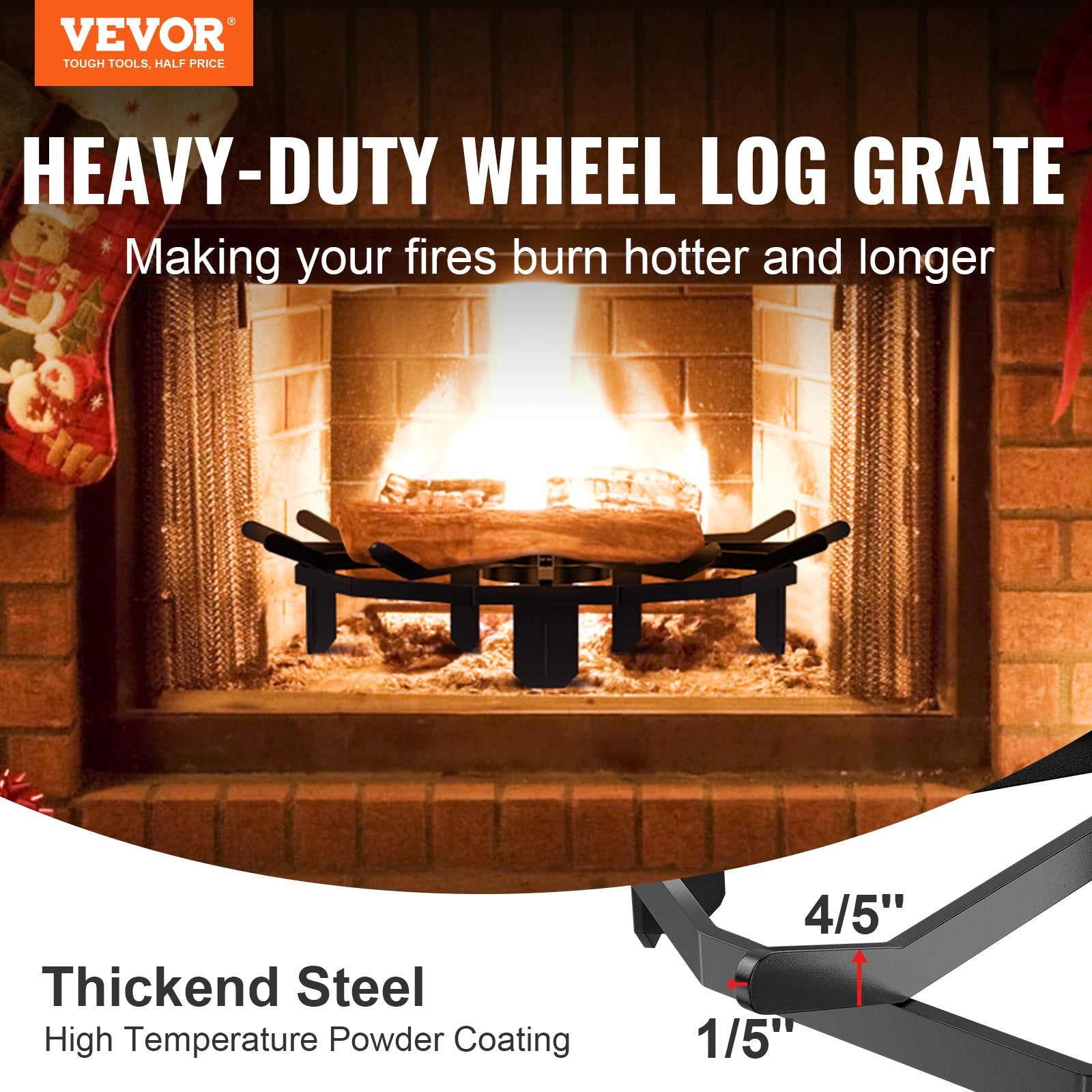 Log Grate 27" Heavy Duty Wheel Fire Grate 6 Legs Powder-Coated Steel Stove Pit