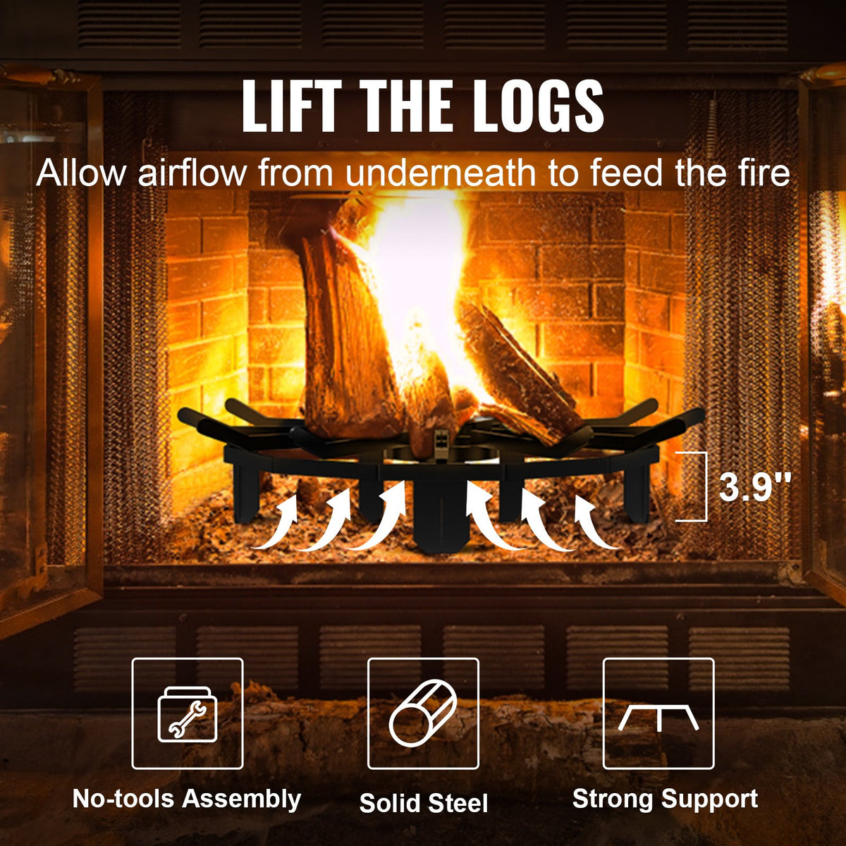 Log Grate 27" Heavy Duty Wheel Fire Grate 6 Legs Powder-Coated Steel Stove Pit