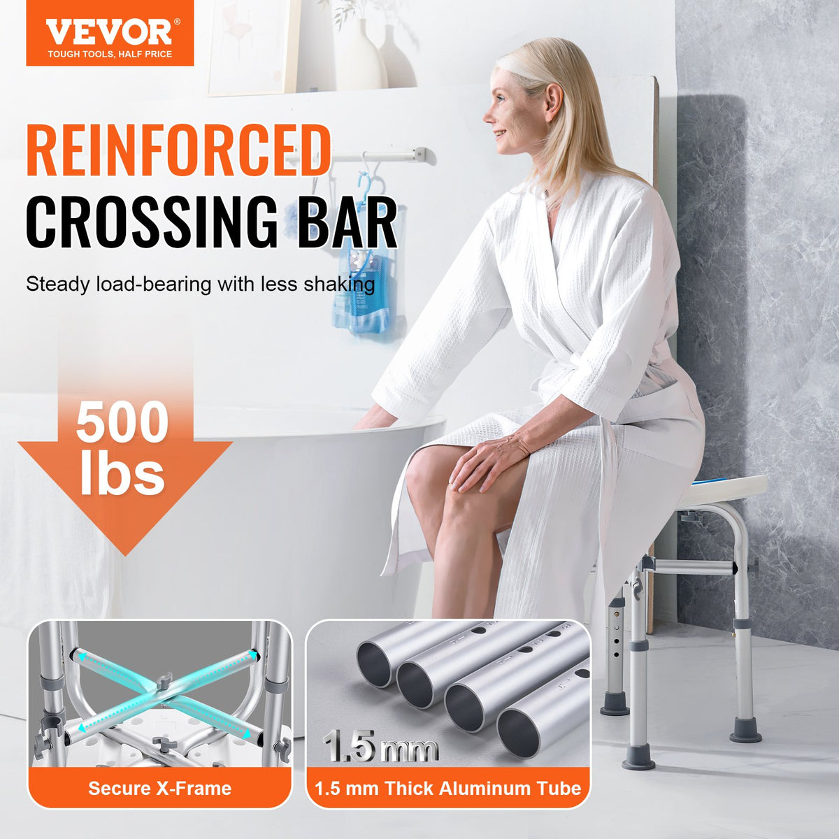 Shower Chair Adjustable Height Stool with Crossbar Non-Slip Bath Seat 226.8kg
