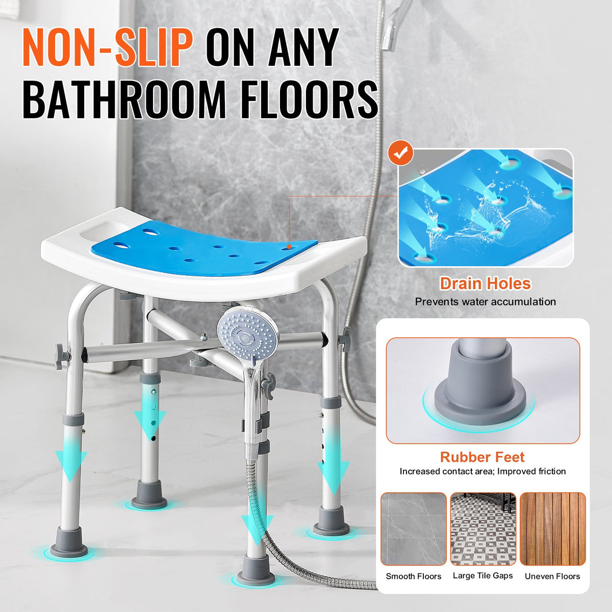Shower Chair Adjustable Height Stool with Crossbar Non-Slip Bath Seat 226.8kg