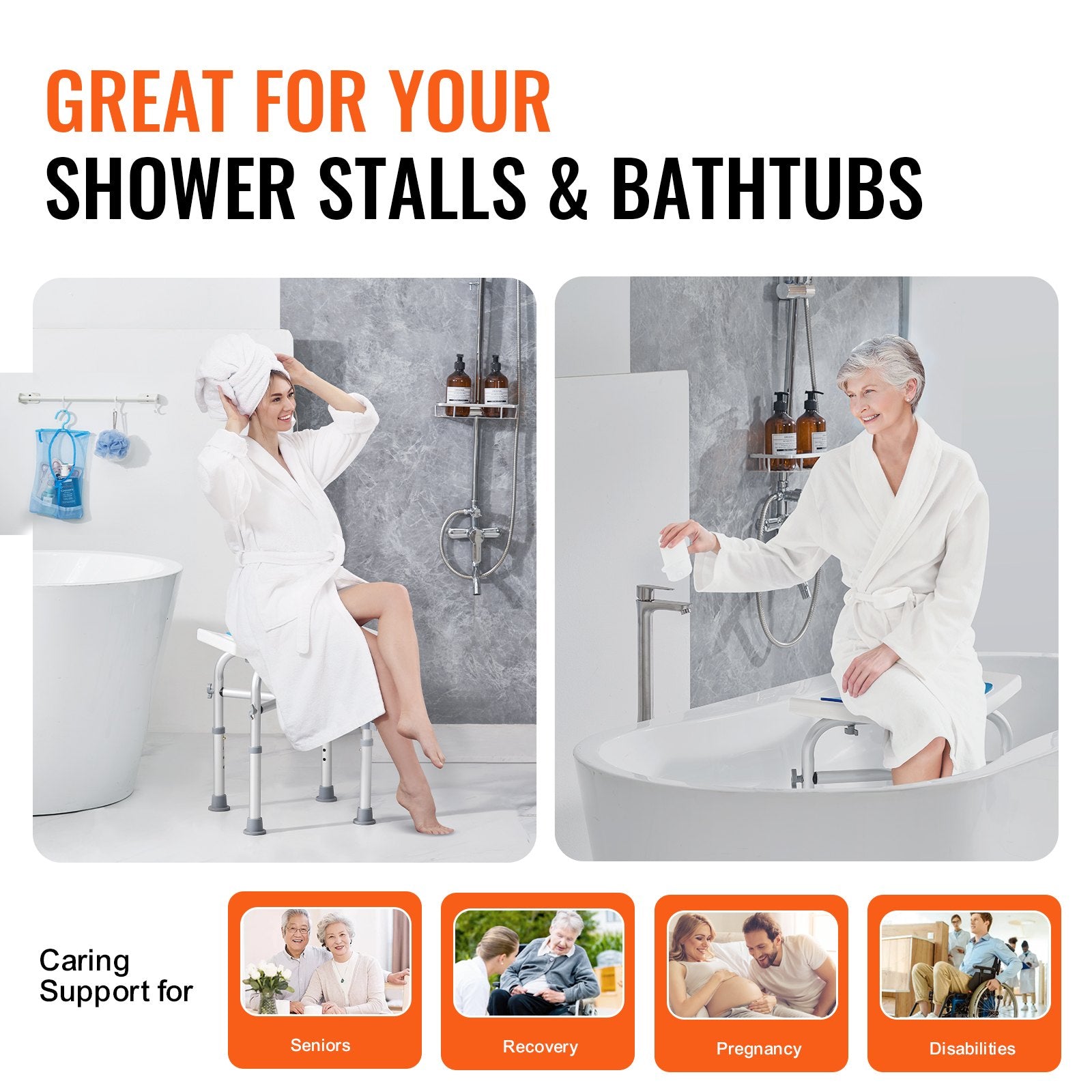 Shower Chair Adjustable Height Stool with Crossbar Non-Slip Bath Seat 226.8kg