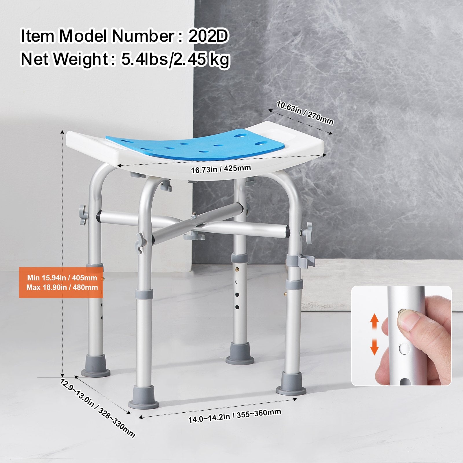 Shower Chair Adjustable Height Stool with Crossbar Non-Slip Bath Seat 226.8kg