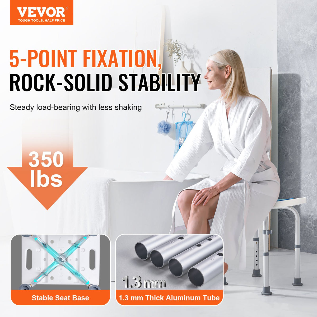 Adjustable Shower Chair with Handles Non-Slip Bath Stool 350lbs Capacity