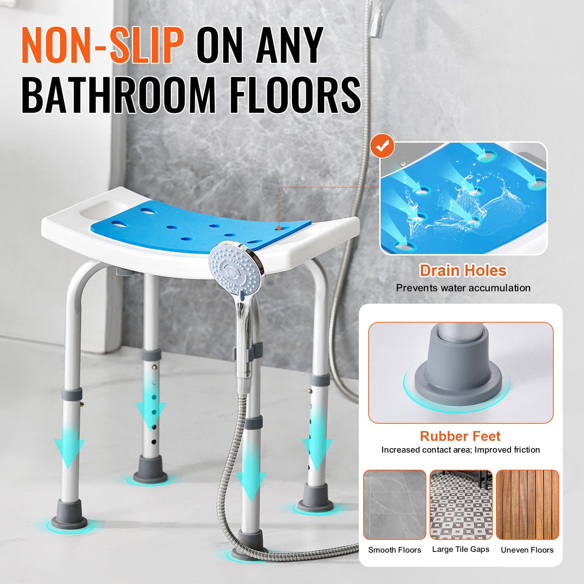 Adjustable Shower Chair with Handles Non-Slip Bath Stool 350lbs Capacity