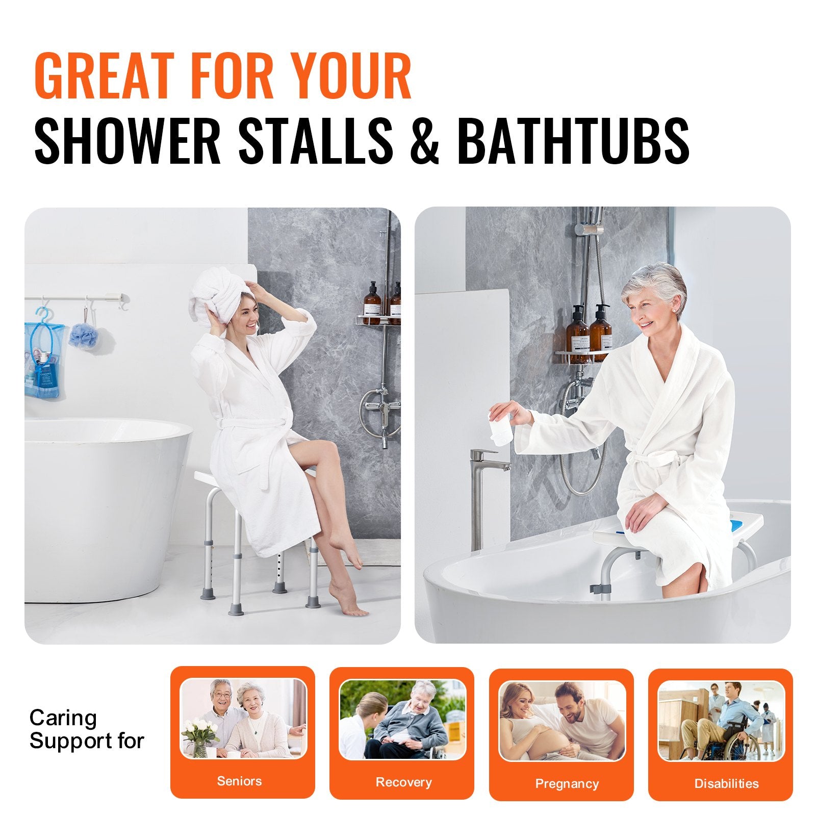 Adjustable Shower Chair with Handles Non-Slip Bath Stool 350lbs Capacity