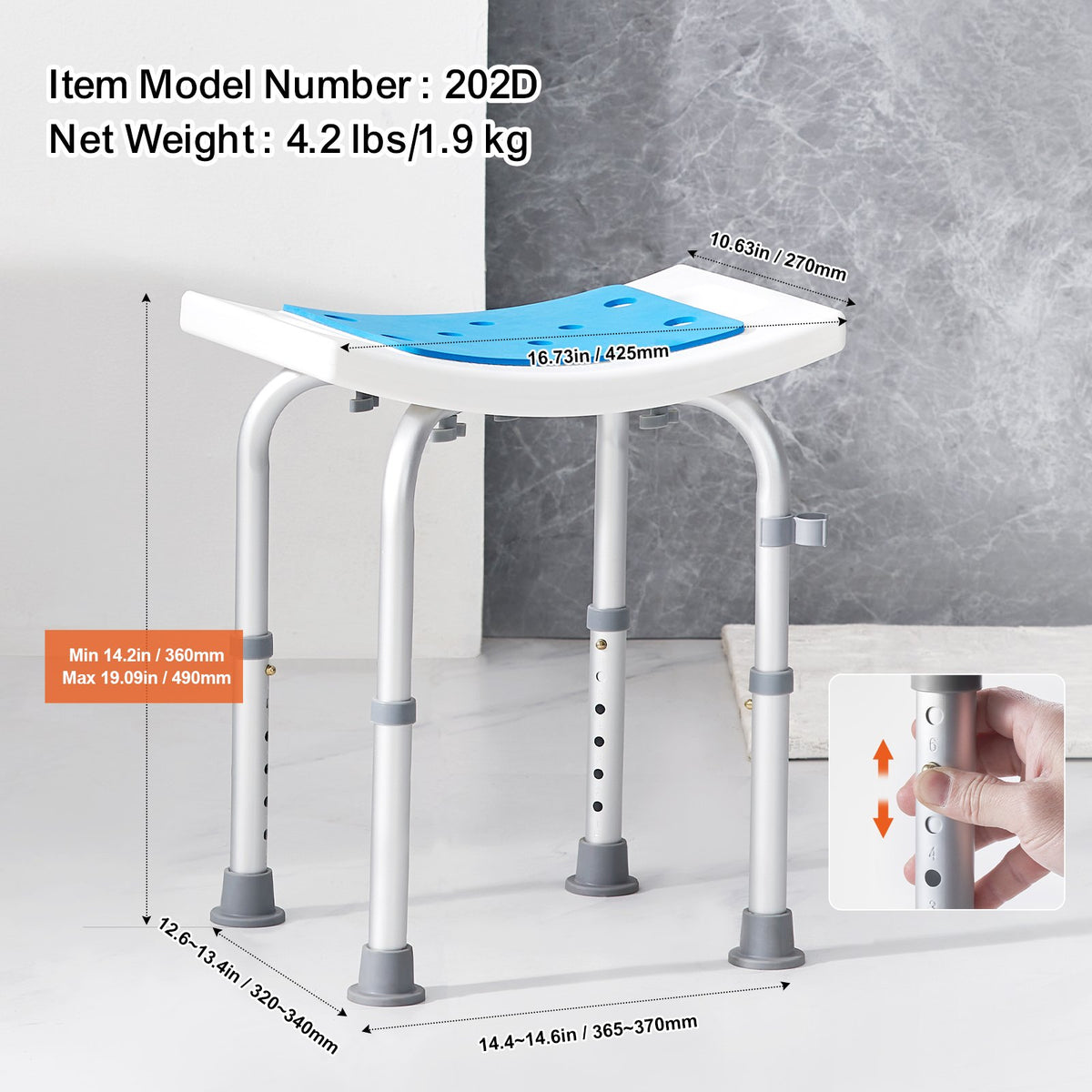 Adjustable Shower Chair with Handles Non-Slip Bath Stool 350lbs Capacity
