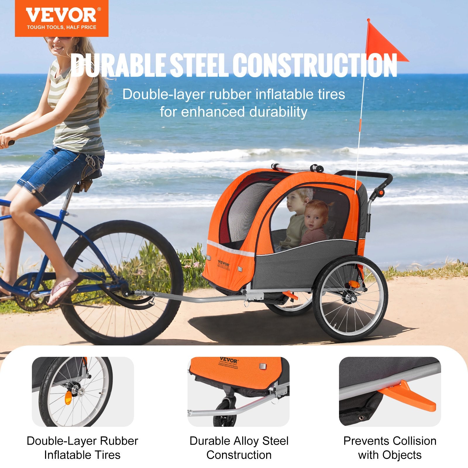 2-in-1 Kids Bike Trailer Stroller Double Seat 45 kg