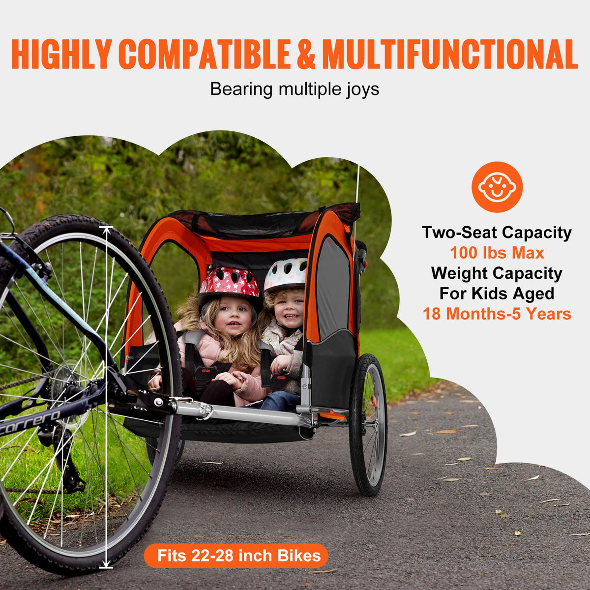2-in-1 Kids Bike Trailer Stroller Double Seat 45 kg