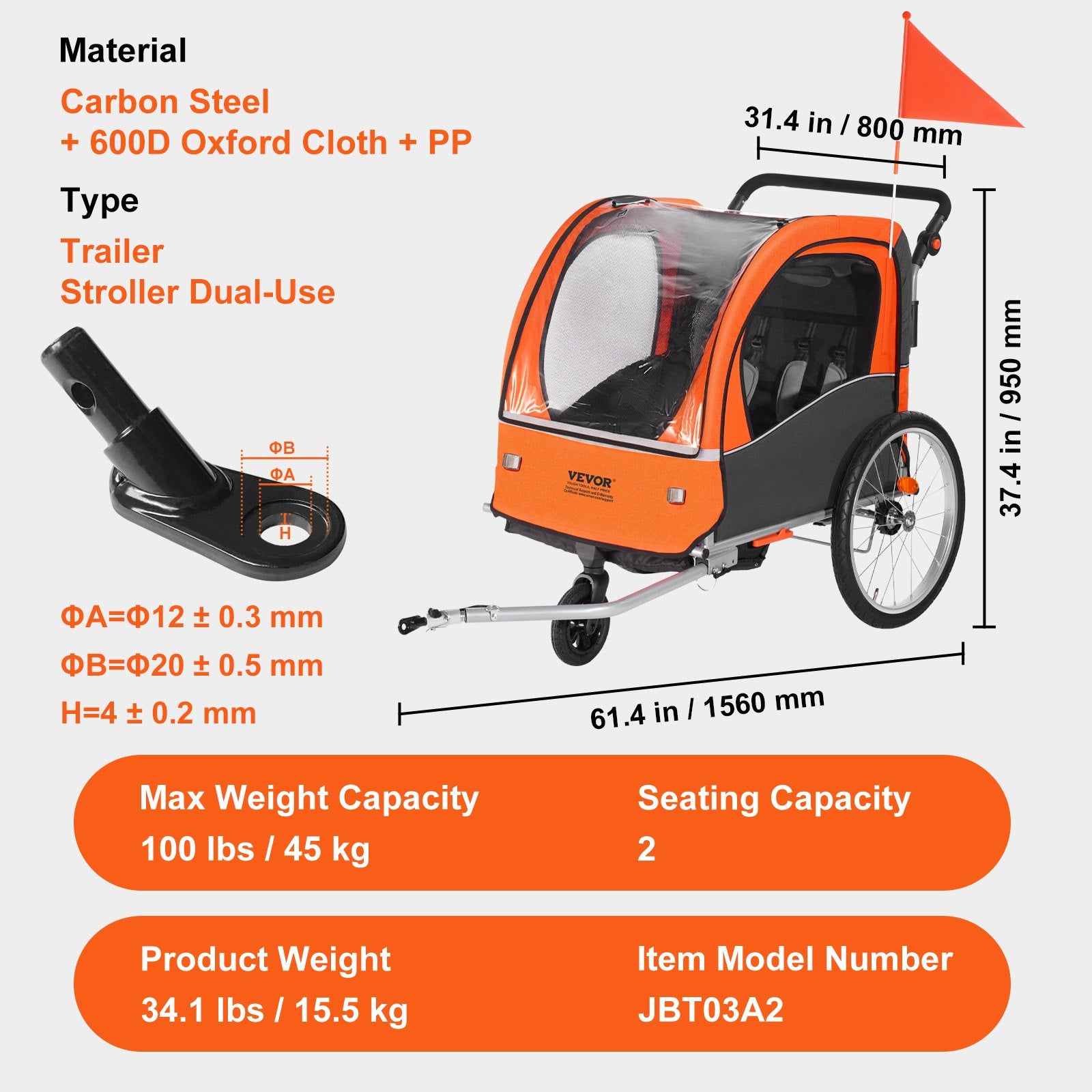 2-in-1 Kids Bike Trailer Stroller Double Seat 45 kg
