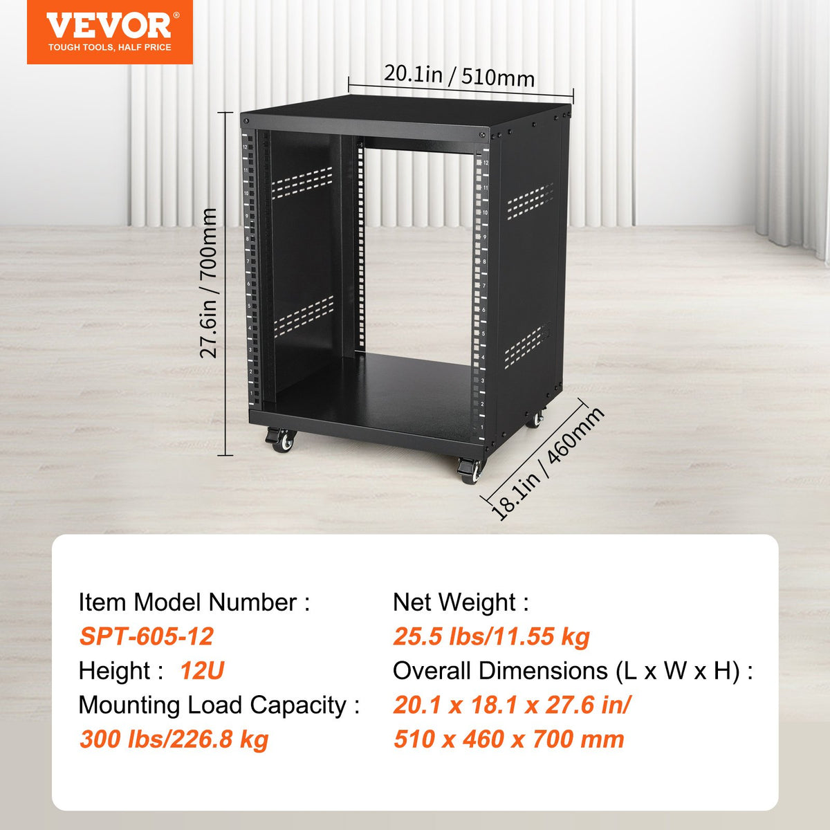 12U AV Rack Stand 136kg Lockable Casters Vent for 482.6mm Audio Video Equipment