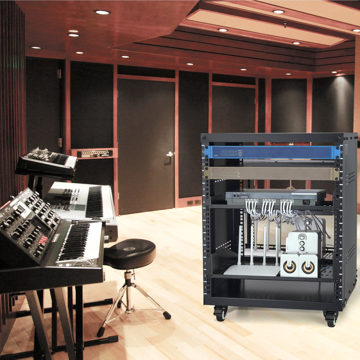 12U AV Rack Stand 136kg Lockable Casters Vent for 482.6mm Audio Video Equipment