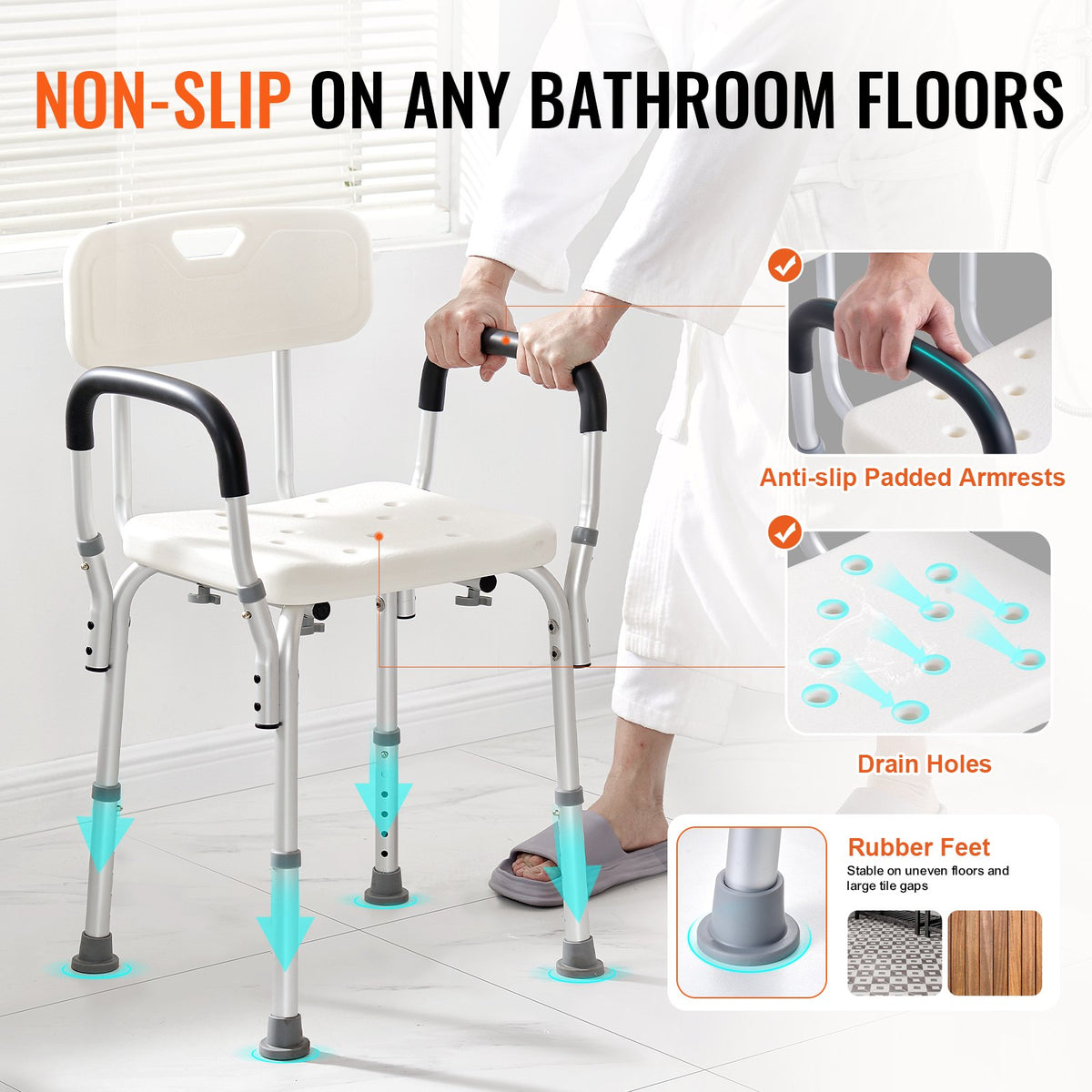 Shower Chair with Back Adjustable Height Non-Slip Bath Seat for Elderly 158.8kg