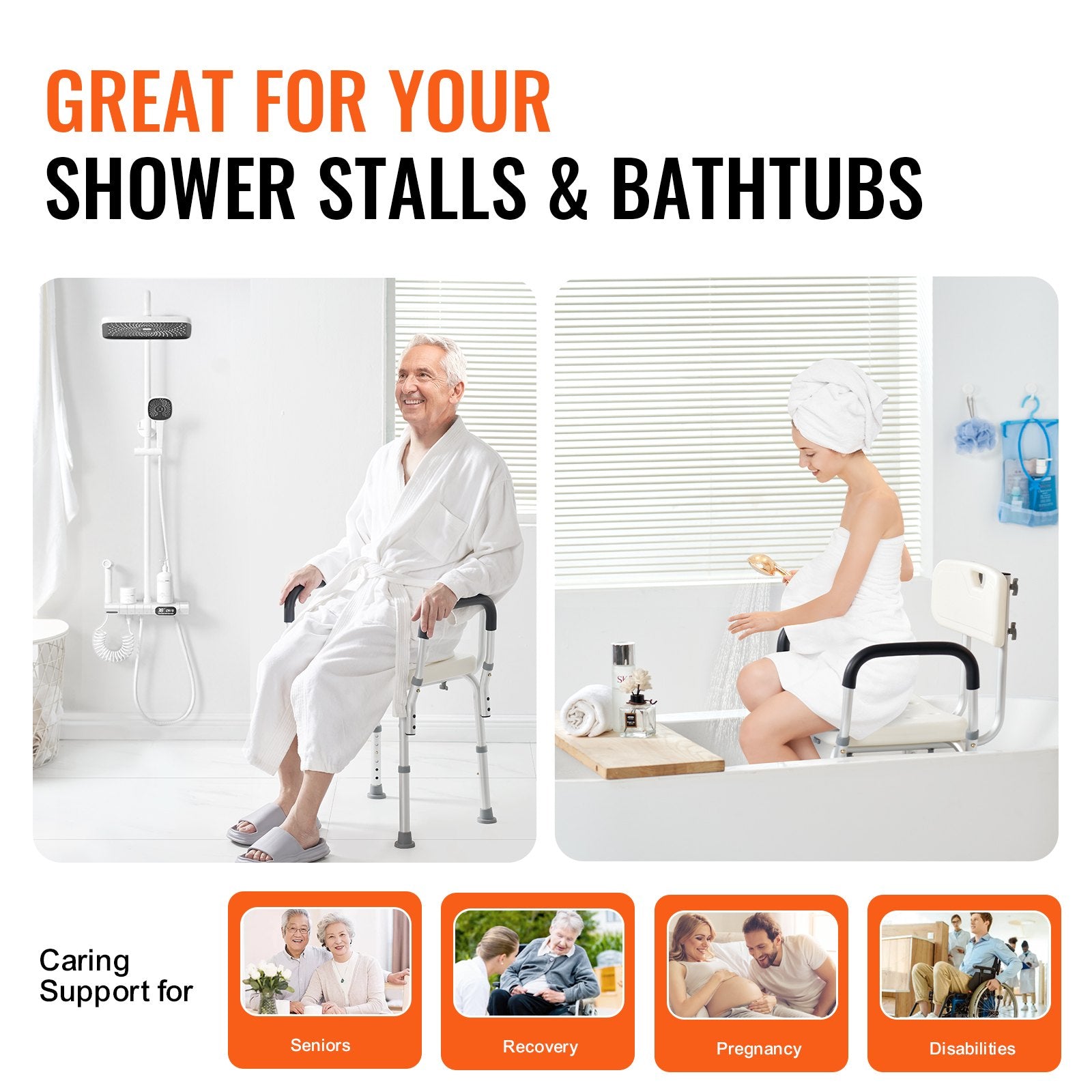 Shower Chair with Back Adjustable Height Non-Slip Bath Seat for Elderly 158.8kg