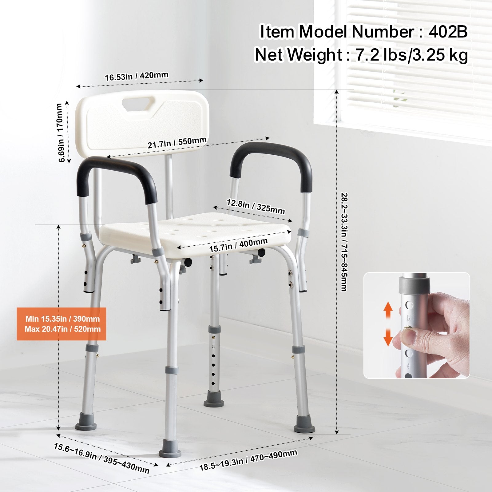 Shower Chair with Back Adjustable Height Non-Slip Bath Seat for Elderly 158.8kg