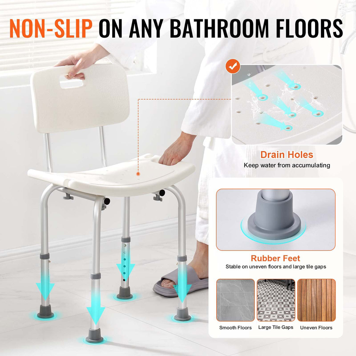 Shower Chair with Back Adjustable Height Non-Slip Bath Stool for Elderly 158.8kg