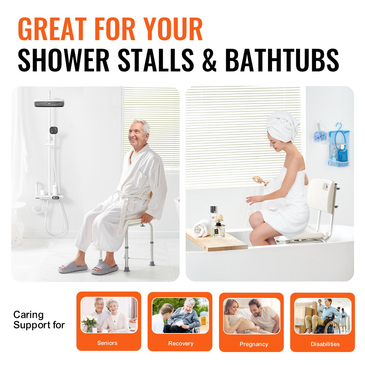 Shower Chair with Back Adjustable Height Non-Slip Bath Stool for Elderly 158.8kg