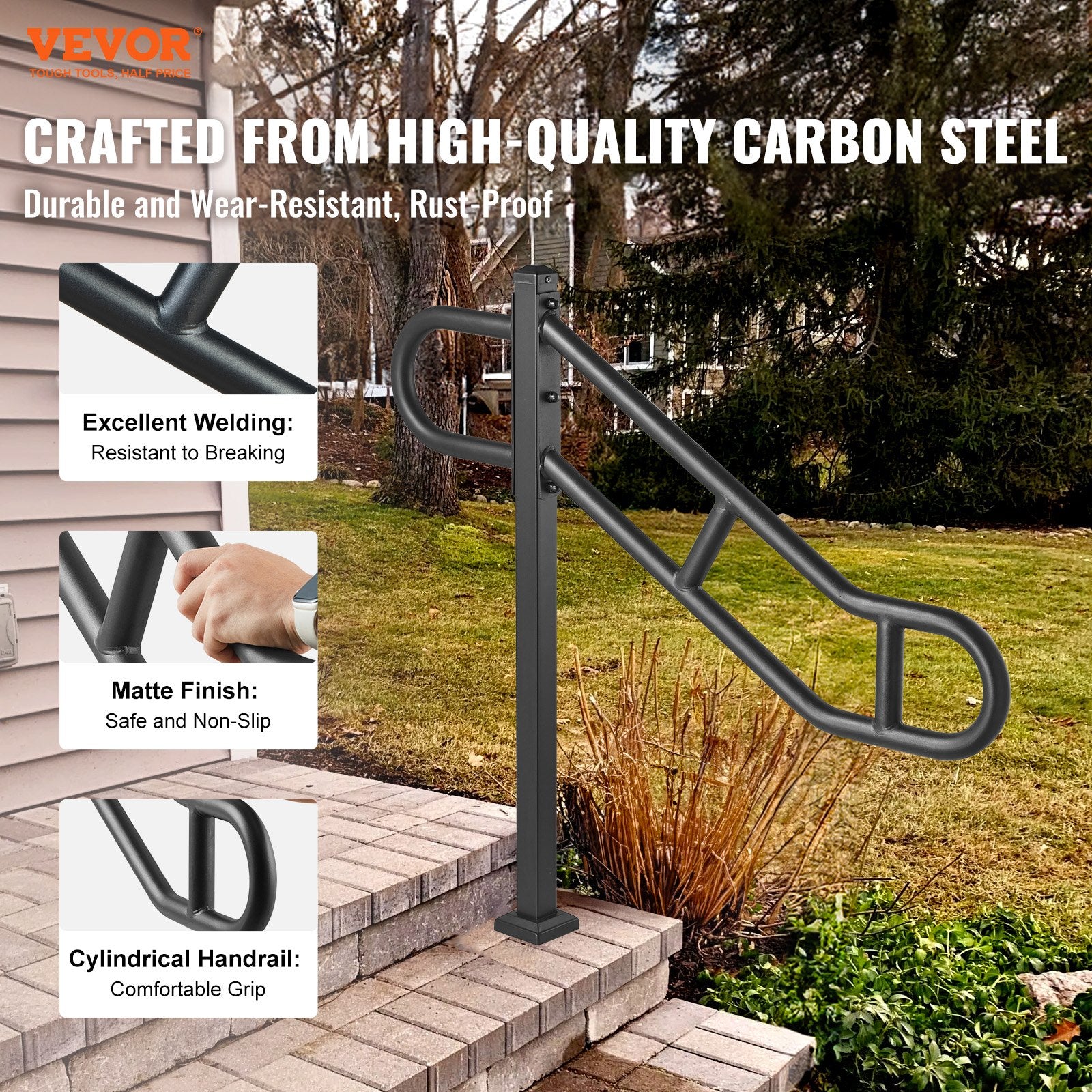 Handrail Outdoor 1-3 Steps 40.5x35.4 Metal U-Shaped Stair Rail Single Post