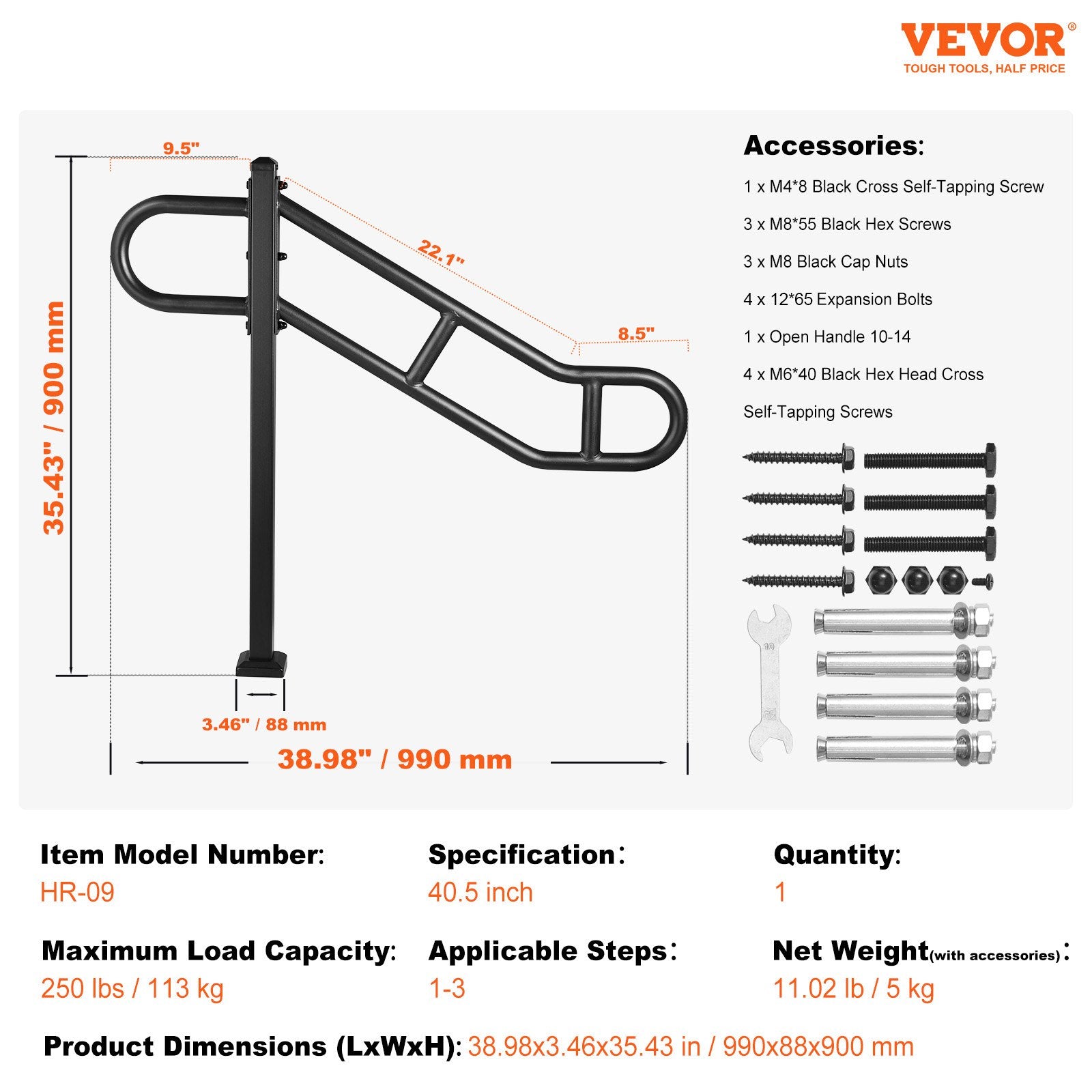 Handrail Outdoor 1-3 Steps 40.5x35.4 Metal U-Shaped Stair Rail Single Post