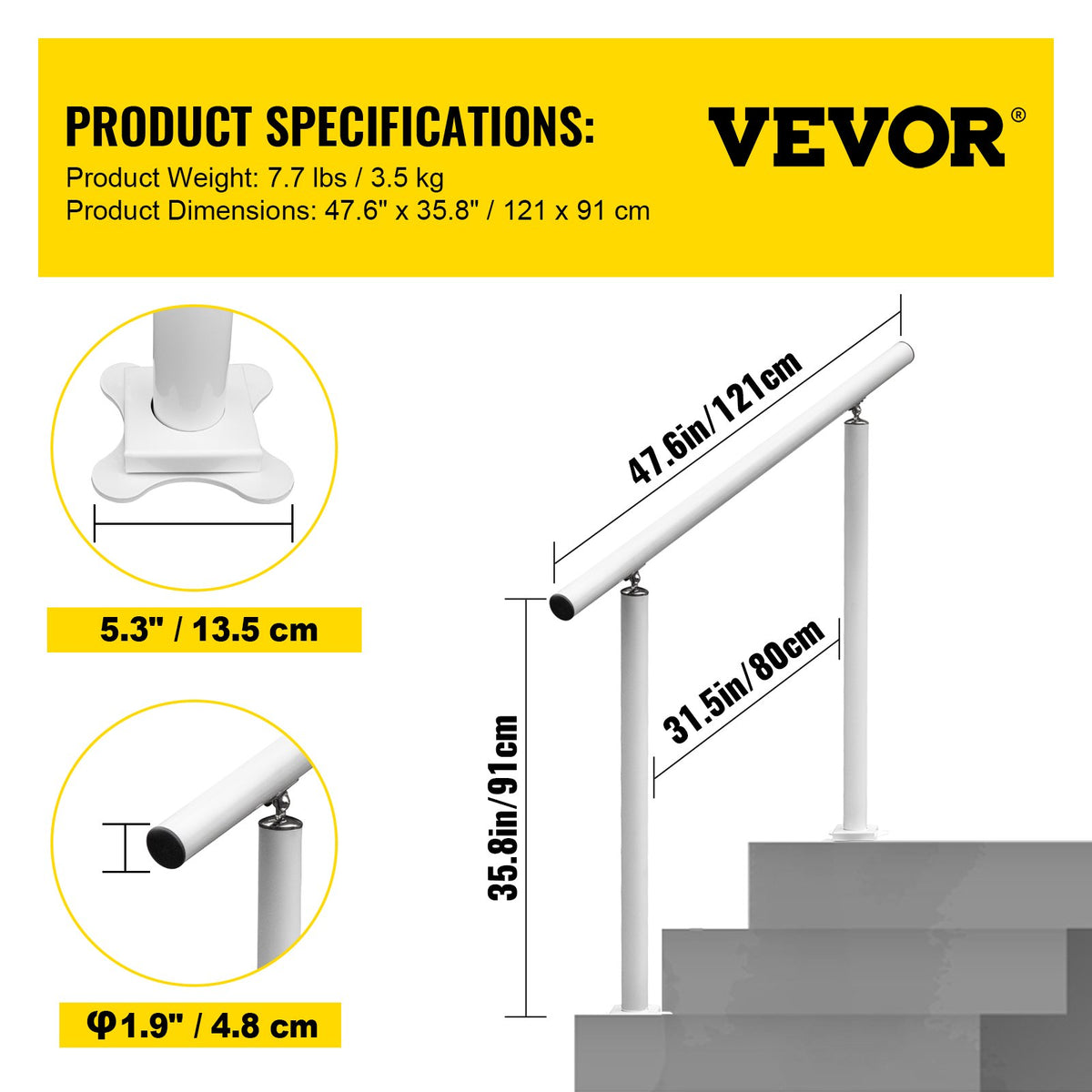 Handrail Outdoor Stairs 34 Inch Adjustable 0-60° White Aluminum Stair Railing